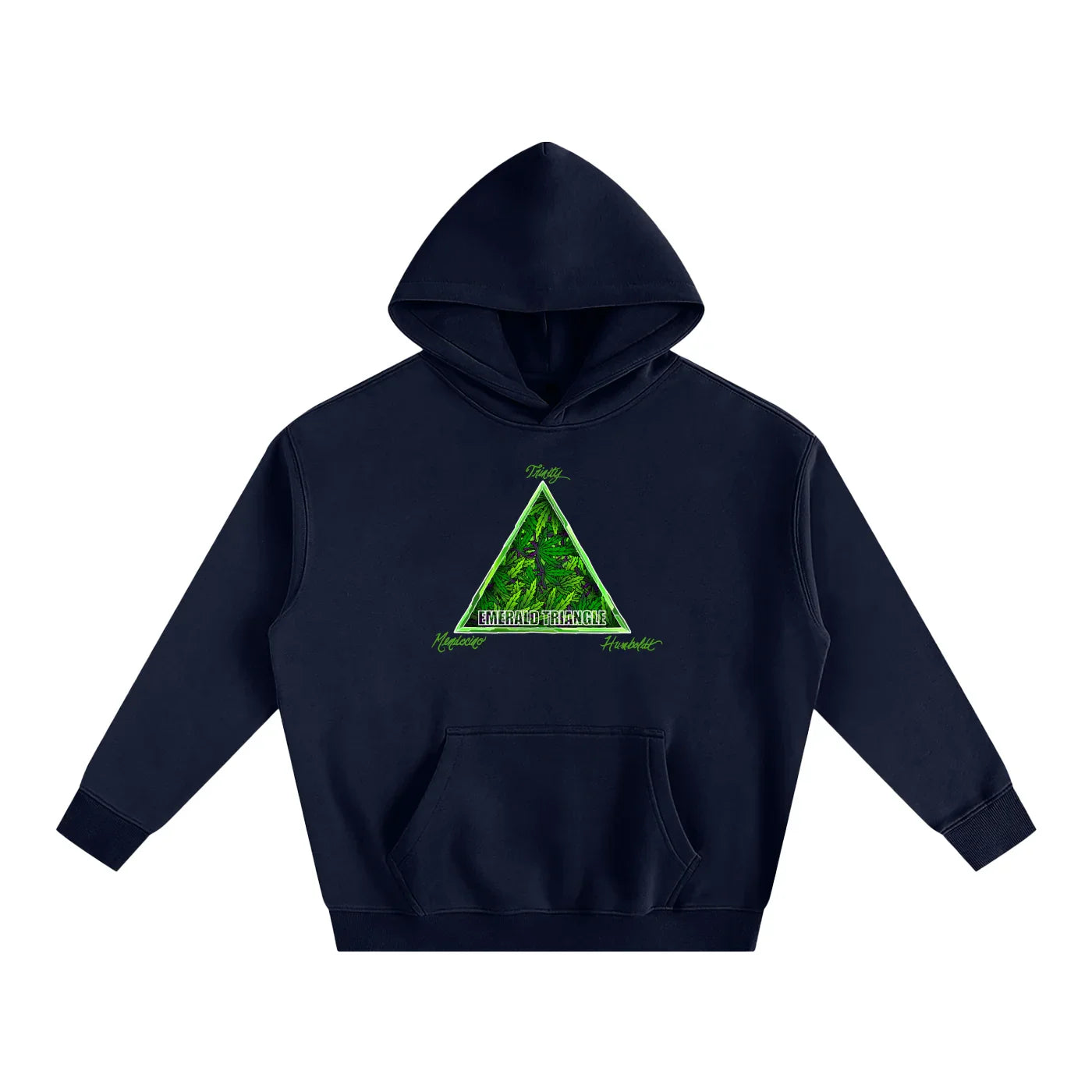 Dark navy hoodie with green 'Emerald Triangle' forest graphic, blending Humboldt outdoors style and streetwear.
