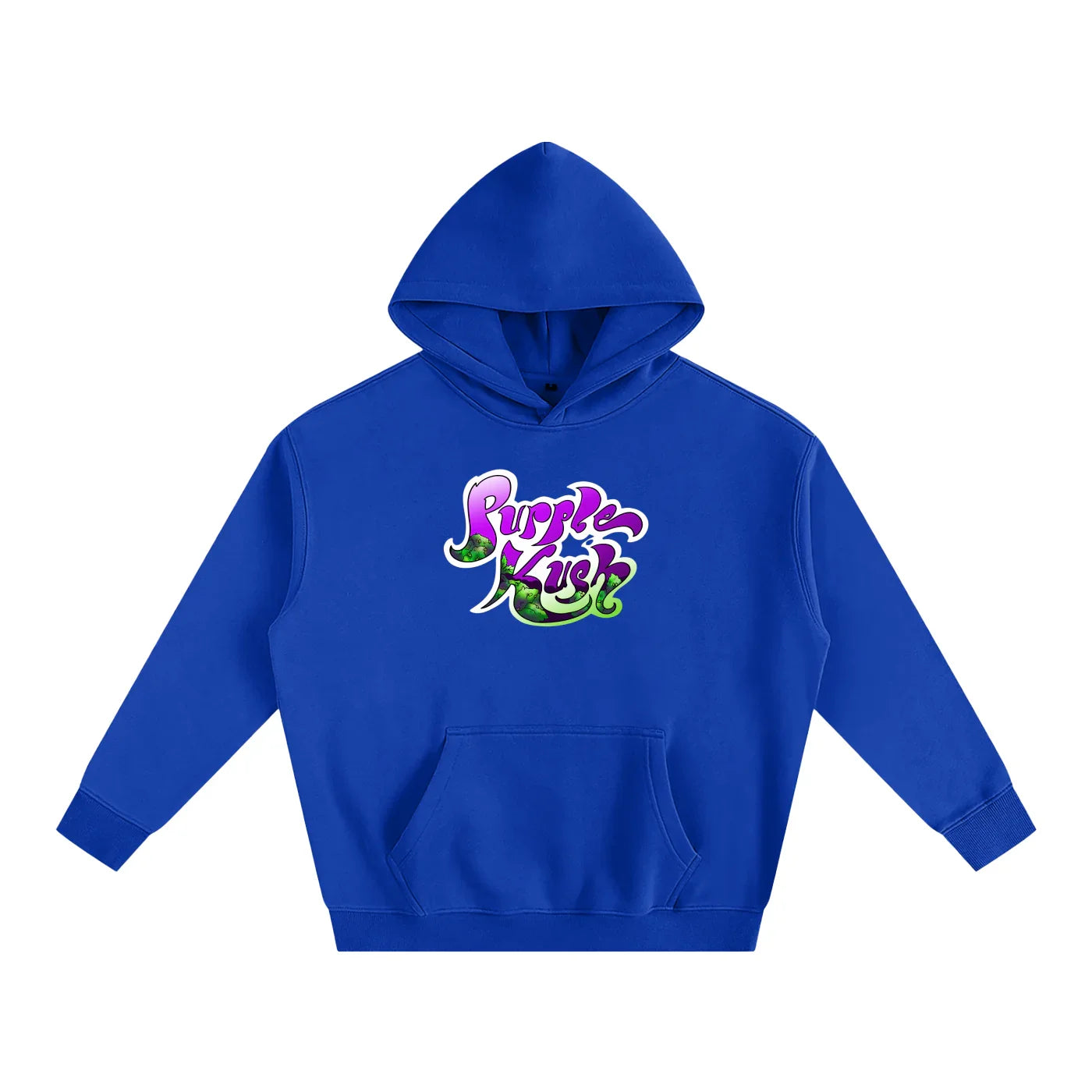 Royal blue hoodie with vibrant 'Purple Kush' graphic, blending streetwear style and bold design.