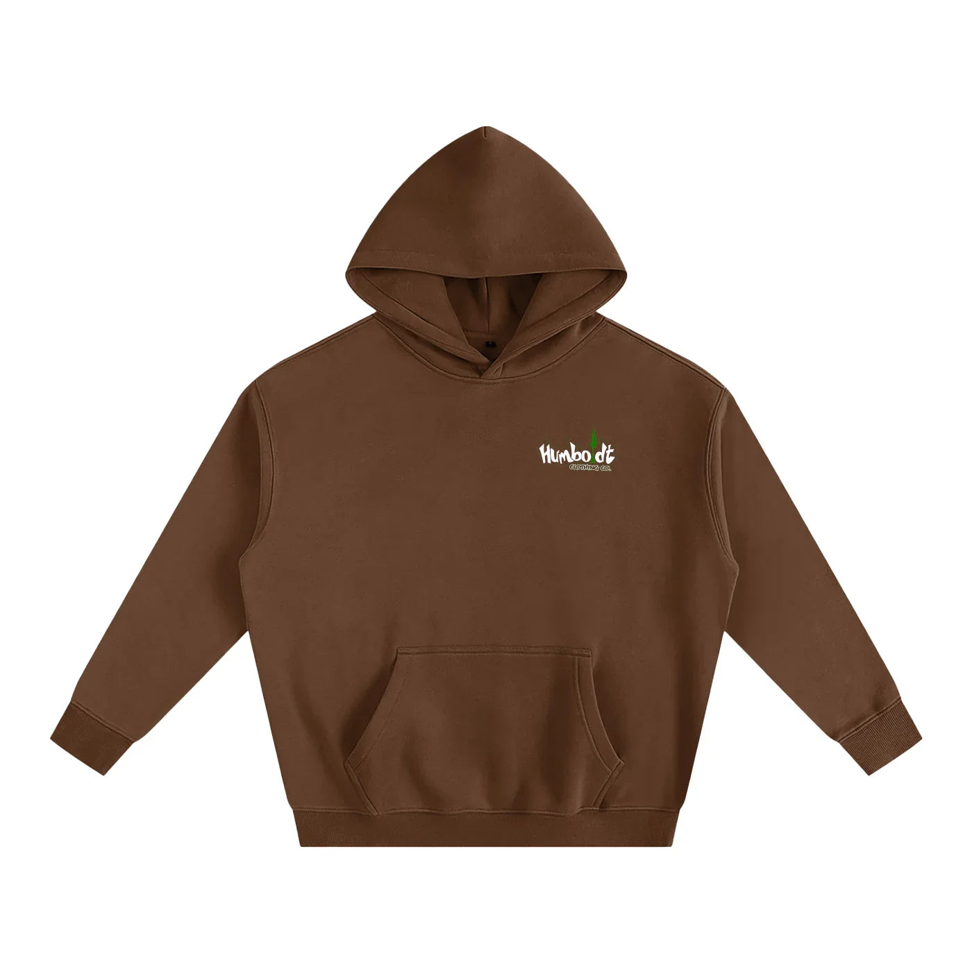 Brown hooded sweatshirt with small chest logo, featuring outdoor streetwear style
