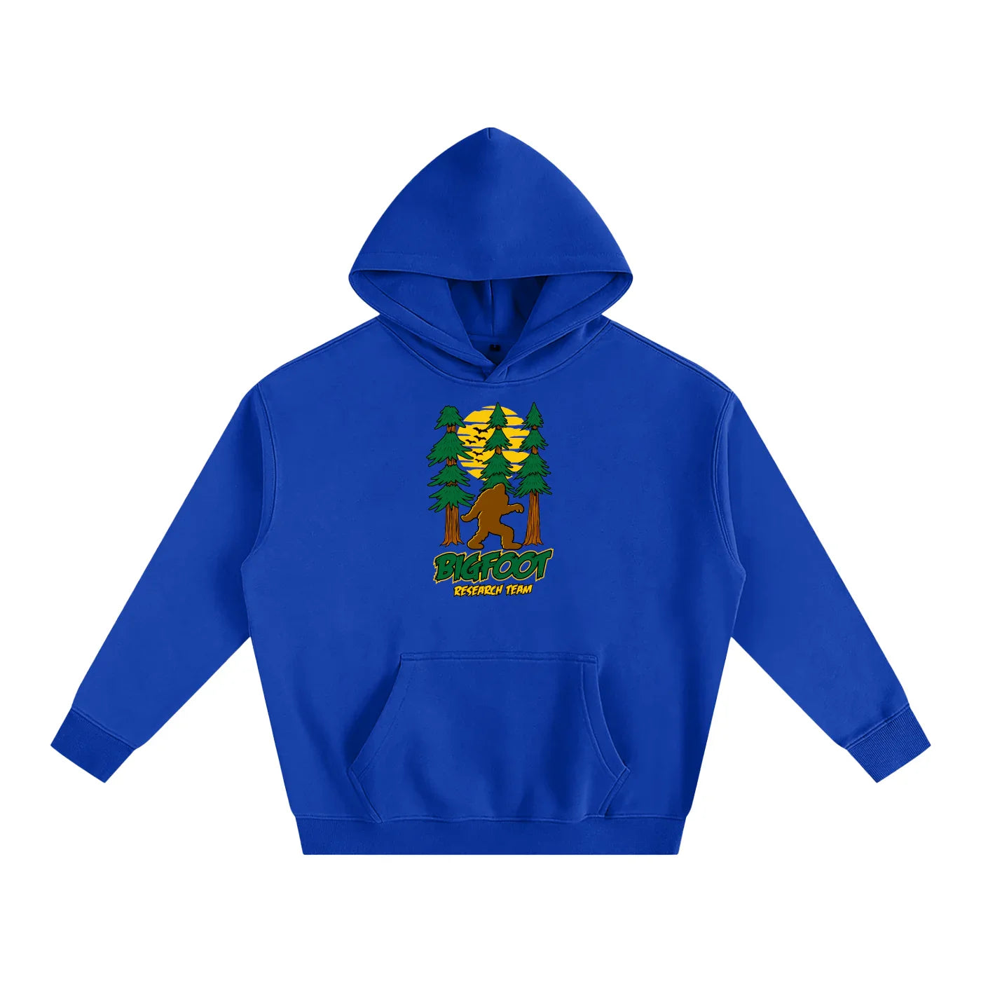 Royal blue hoodie with Bigfoot graphic, forest sunset design, and front pocket for outdoor style