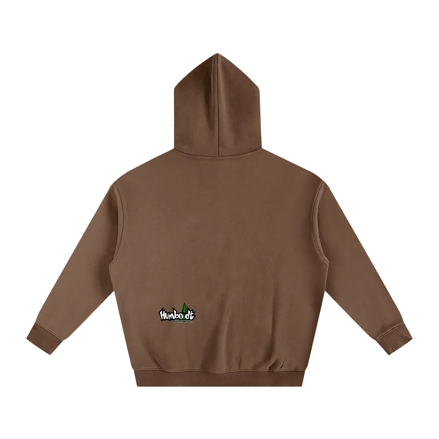Brown hoodie with small Humboldt Clothing Co. logo on back, blending outdoor and streetwear style