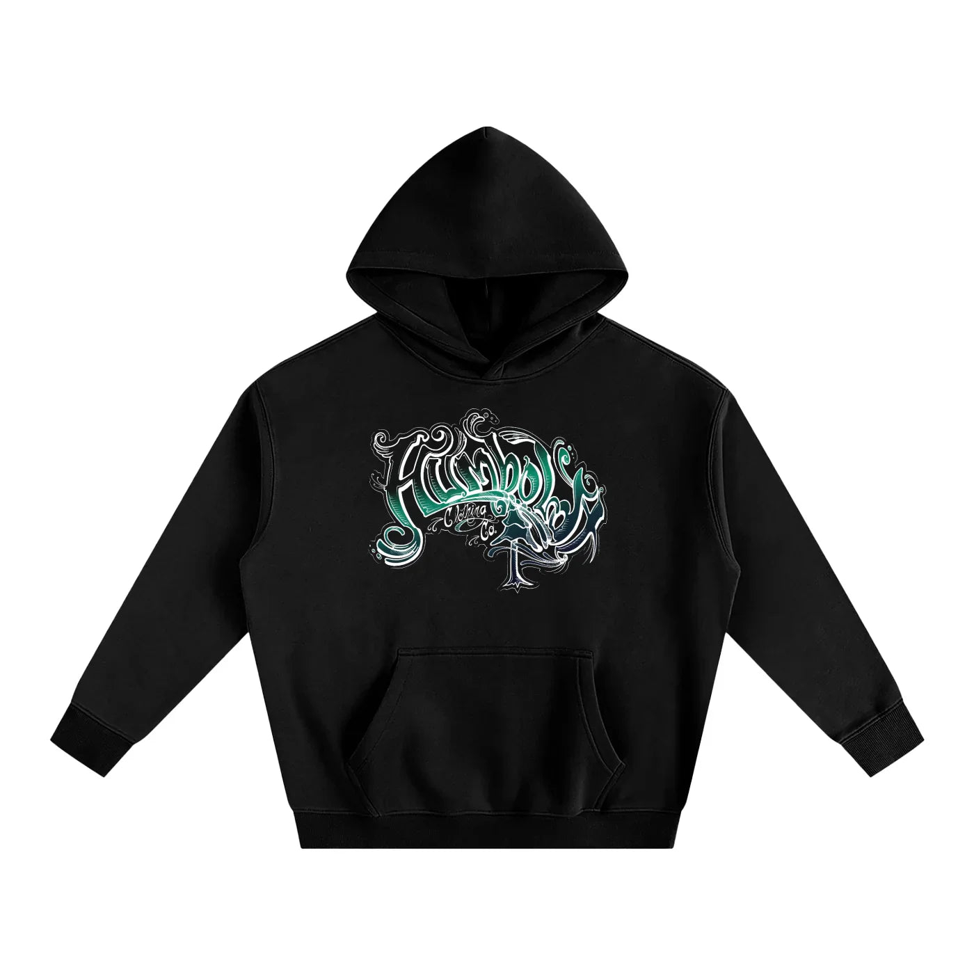 Black hoodie with a decorative ocean themed colorway logo that says Humboldt CLothing Co on a white background