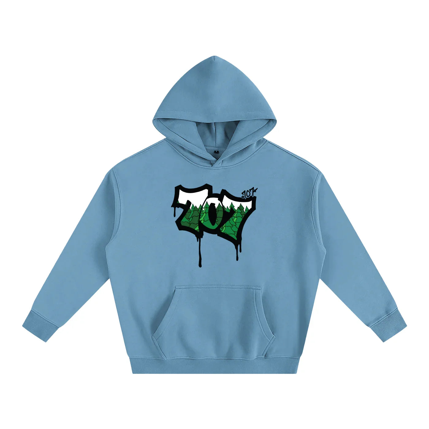 Light blue hoodie with 707 forest graphic, blending outdoor and streetwear style