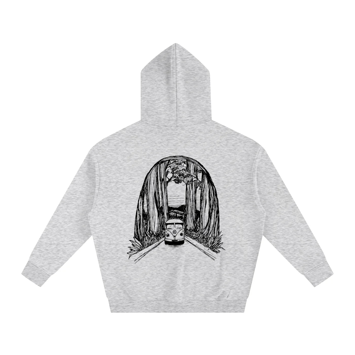 Gray hoodie with a black and white graphic of a split window van in a forest on the back, on a white background