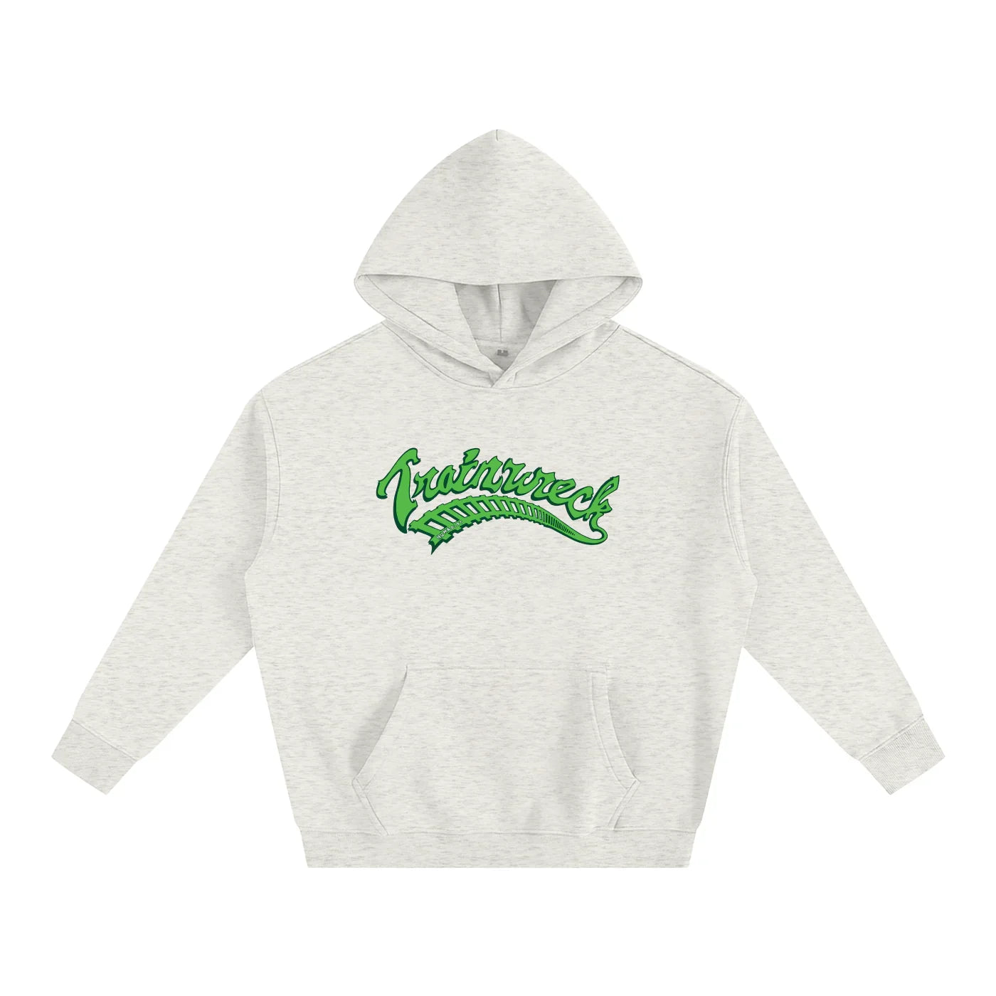 Heather gray hoodie with green 'Trainwreck' graphic, blending outdoor and streetwear style