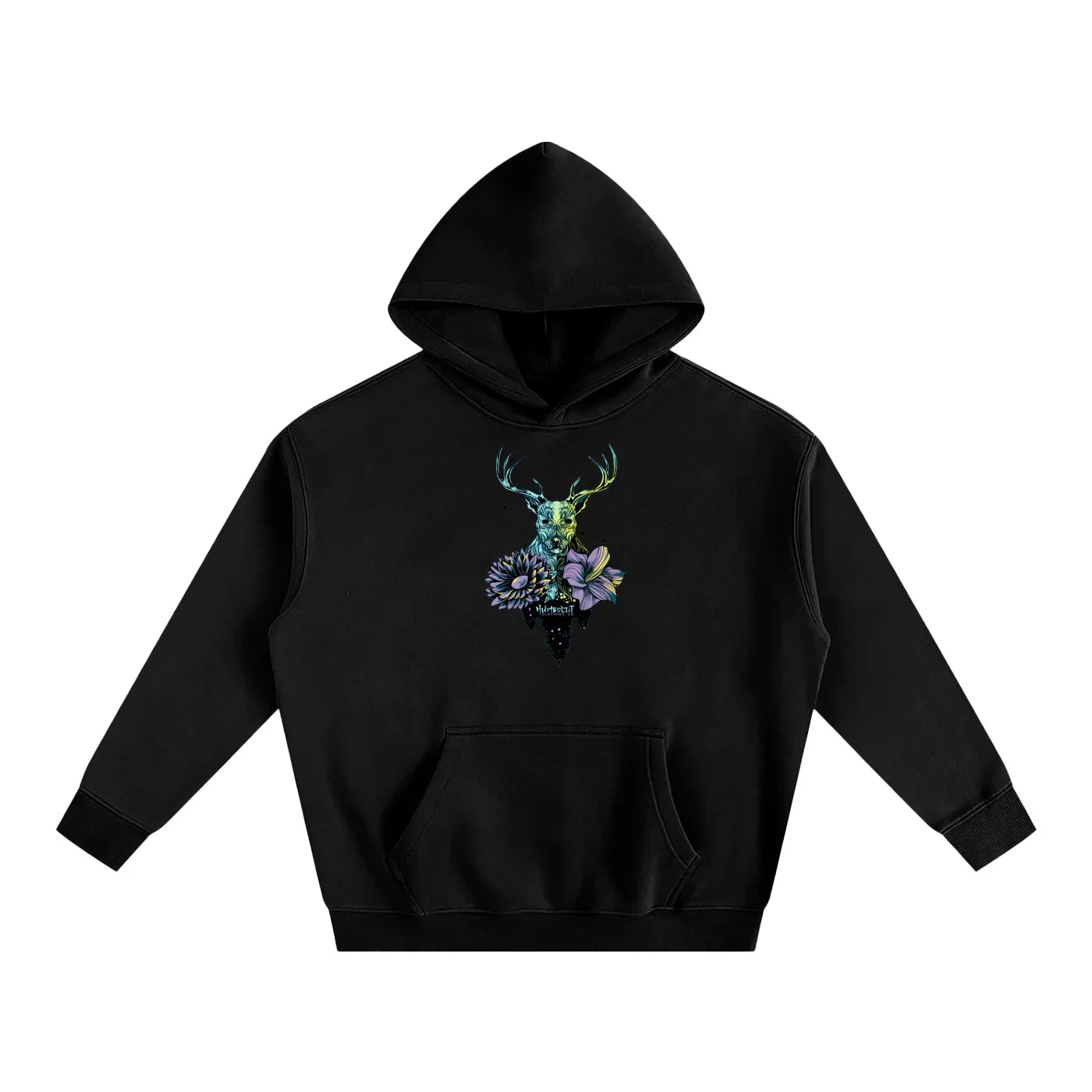 Black hoodie with a colorful deer and floral design on a white background. Text says Humboldt