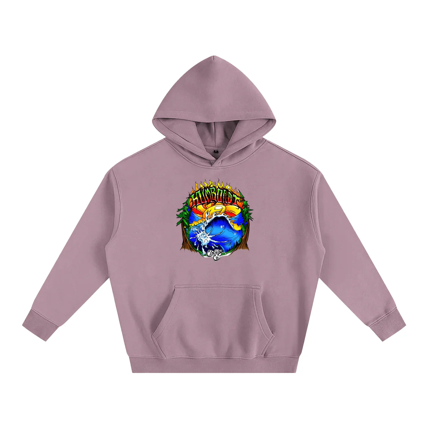 Purple hoodie with vibrant Humboldt County nature graphic, blending outdoors and streetwear style
