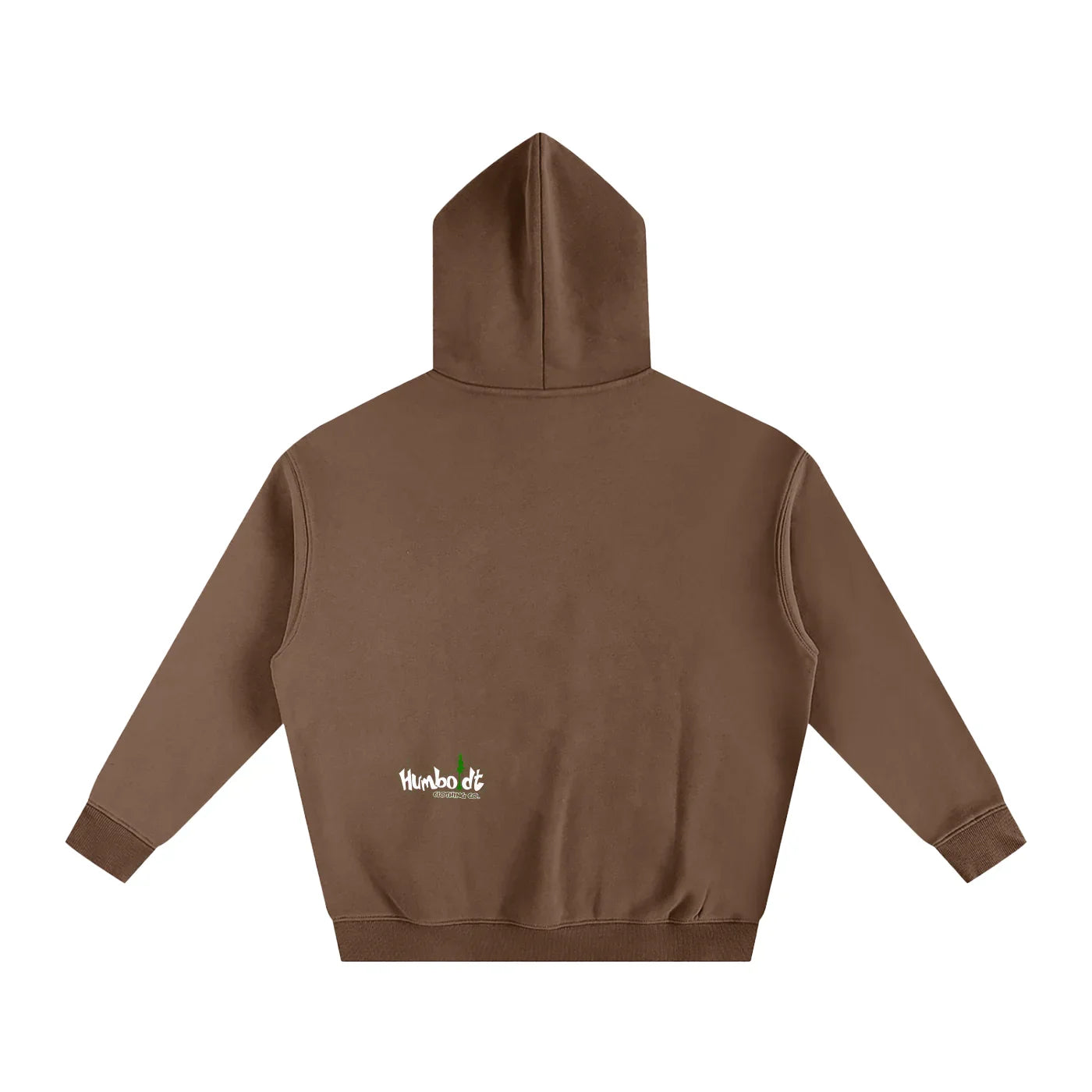 Brown hooded sweatshirt with small Humboldt County logo on back, blending outdoor and streetwear style