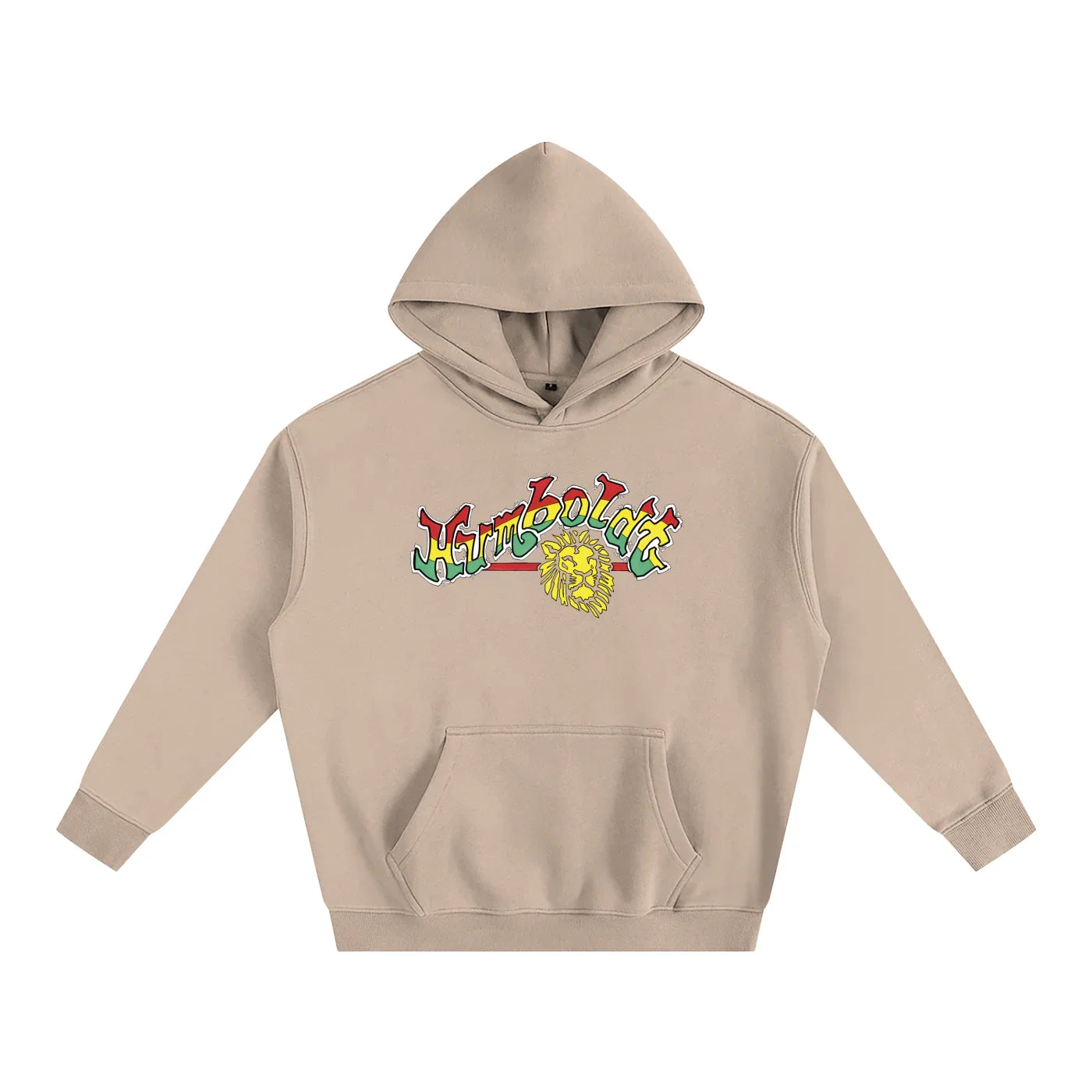 Tan hoodie with colorful Humboldt lion graphic, blending outdoor and streetwear style