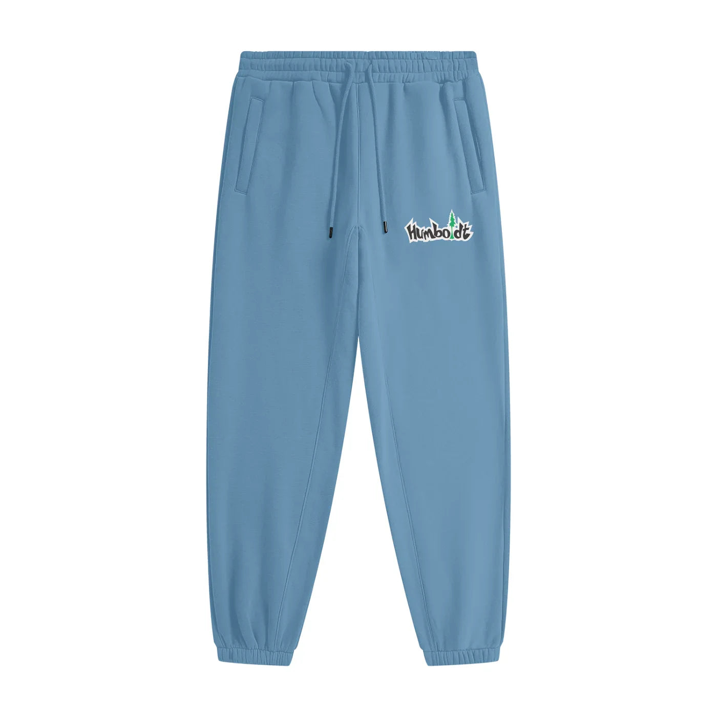 Light blue joggers with Humboldt logo, featuring drawstring waist and side pockets, ideal for casual or outdoor wear.