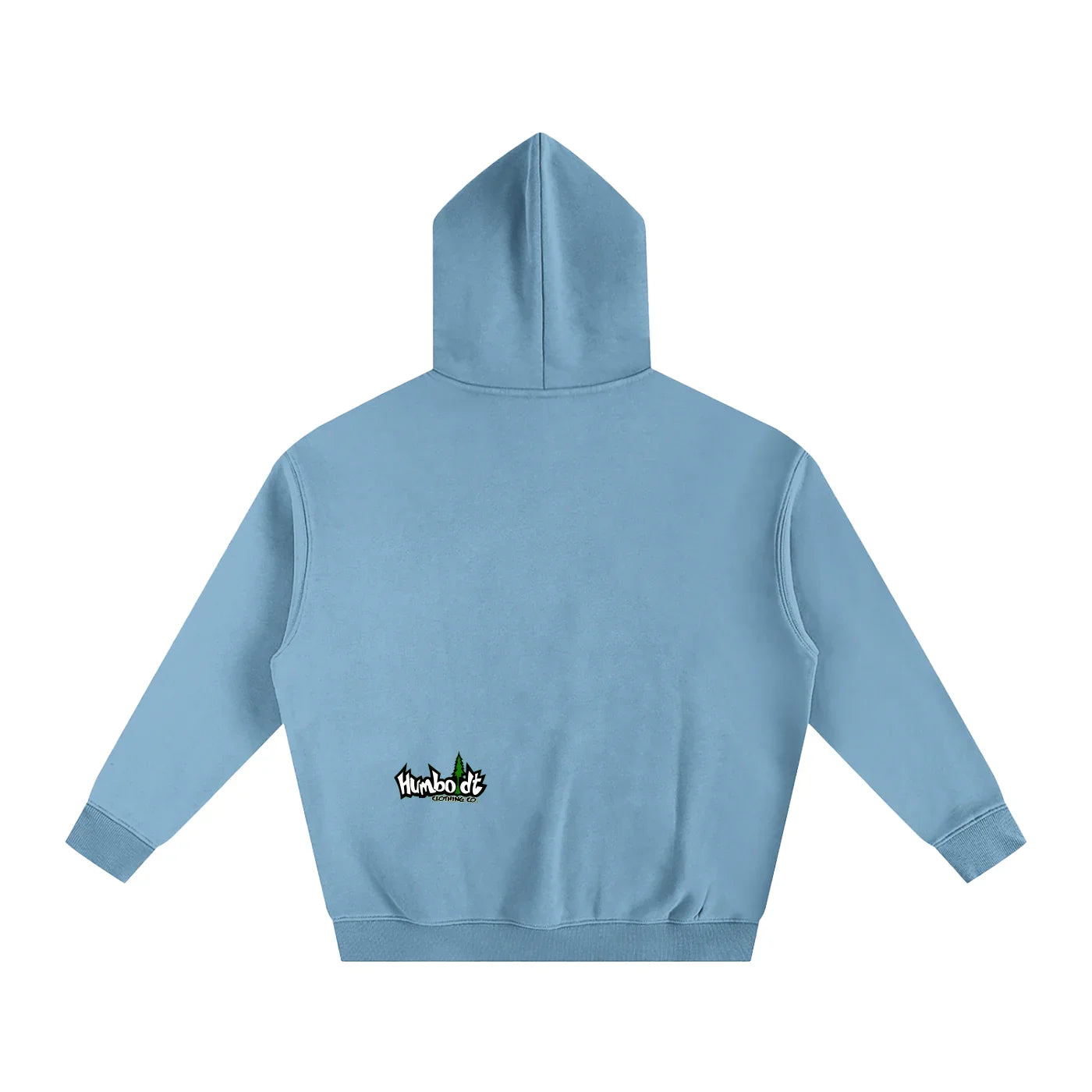 Light blue hoodie with small Humboldt Clothing Co logo on back, blending outdoor and streetwear style
