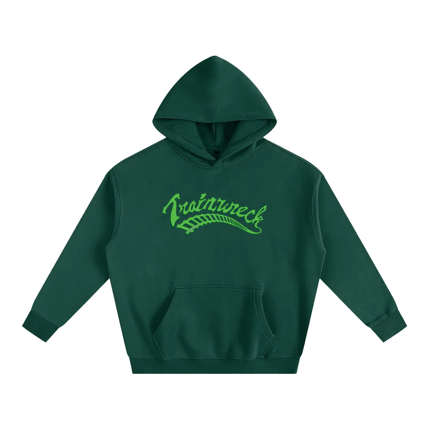 Dark green hoodie with neon green 'Trainwreck' graphic, urban streetwear style
