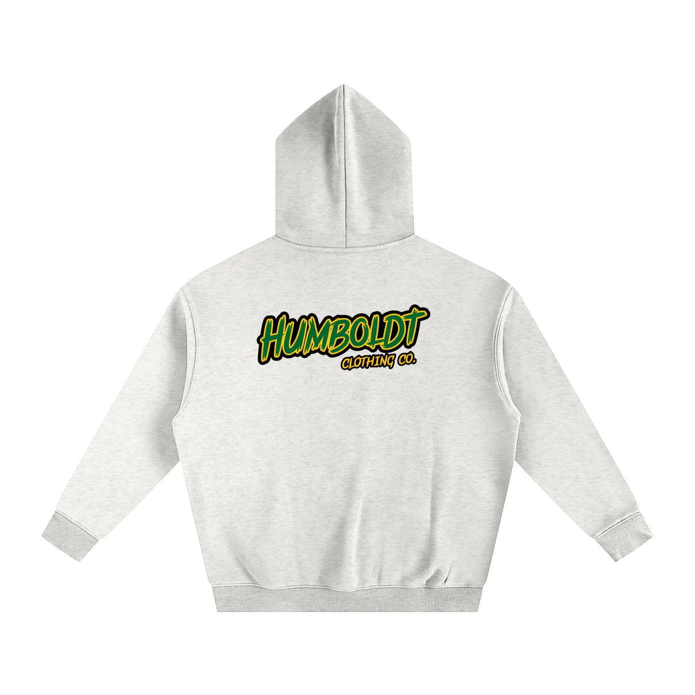 Gray hoodie with Humboldt Clothing Co. logo in green and yellow, back view