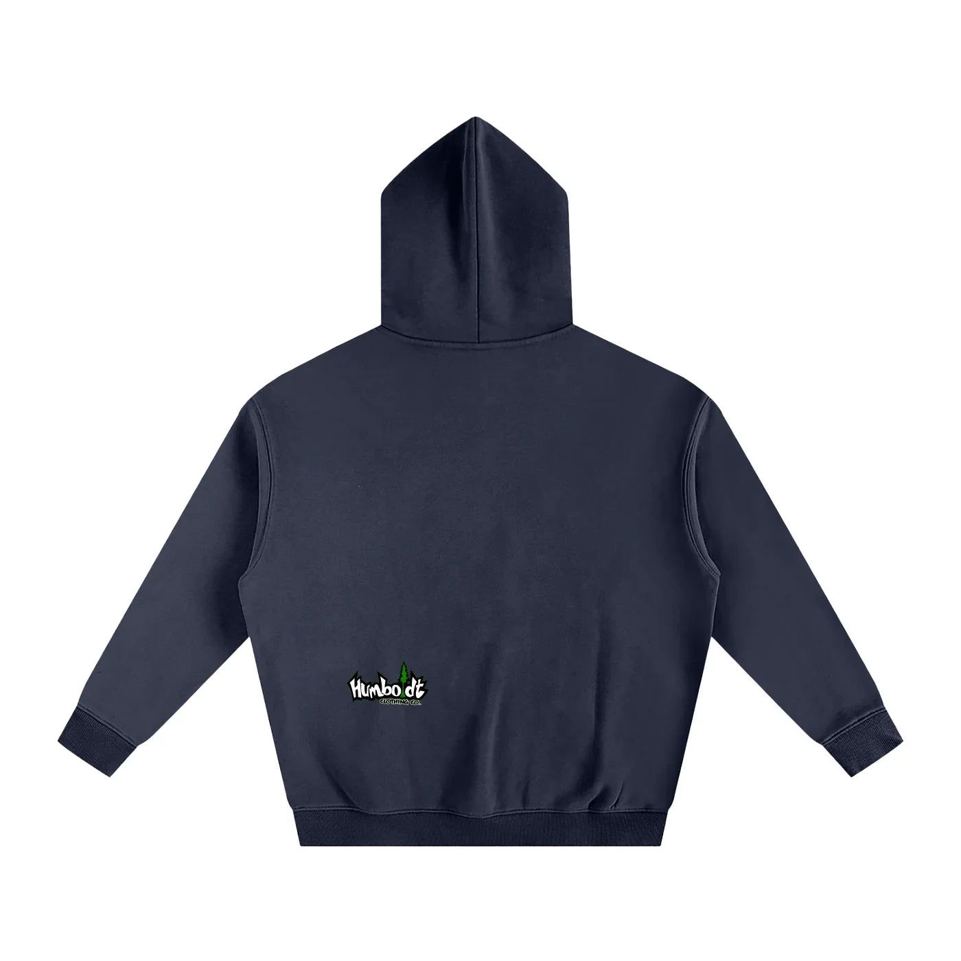 Dark navy hoodie with small Humboldt Clothing Co. logo on back, blending outdoor and streetwear style.