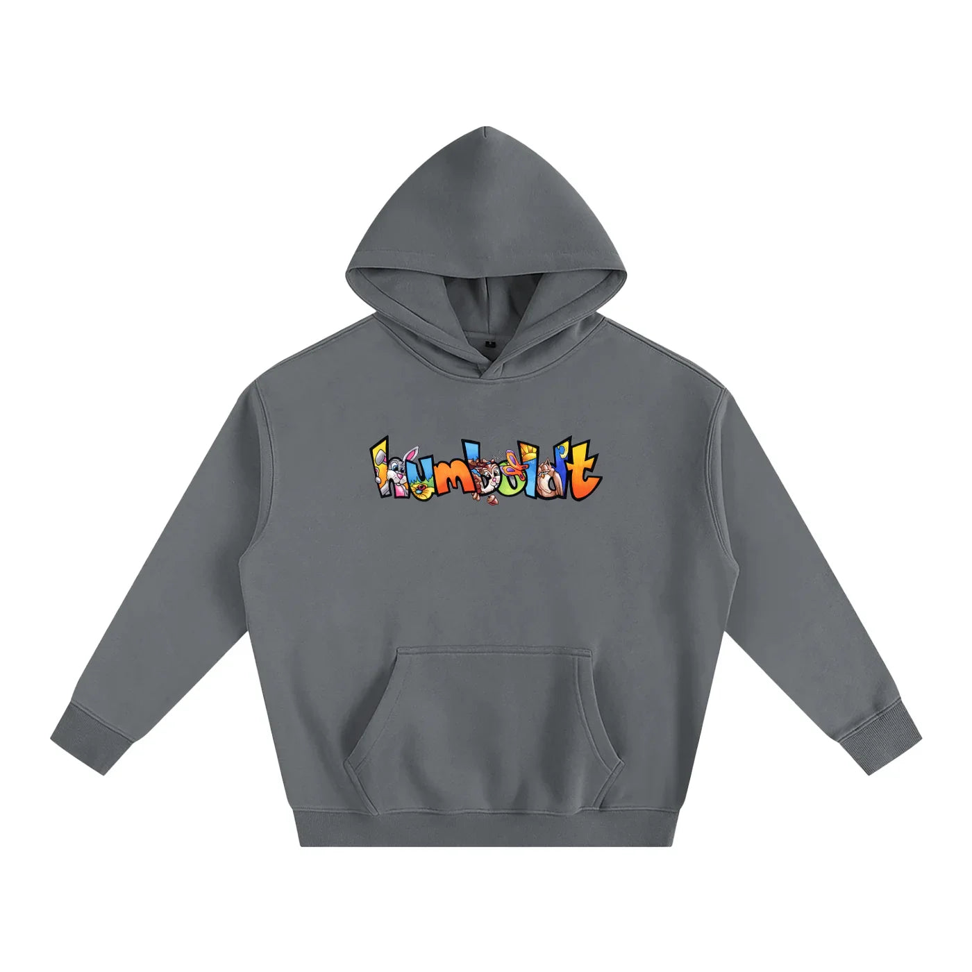 Gray hoodie with colorful 'Humboldt' graphic, blending outdoor and streetwear style