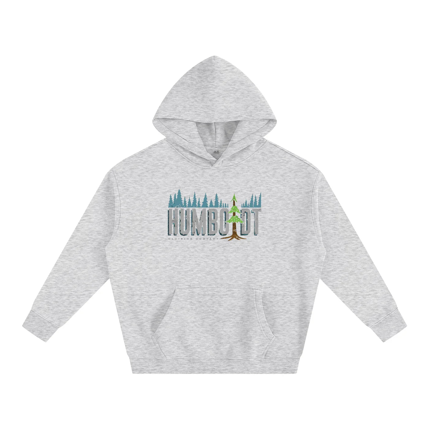 Gray hoodie with Humboldt forest graphic, blending outdoor style and streetwear for Northern California vibes