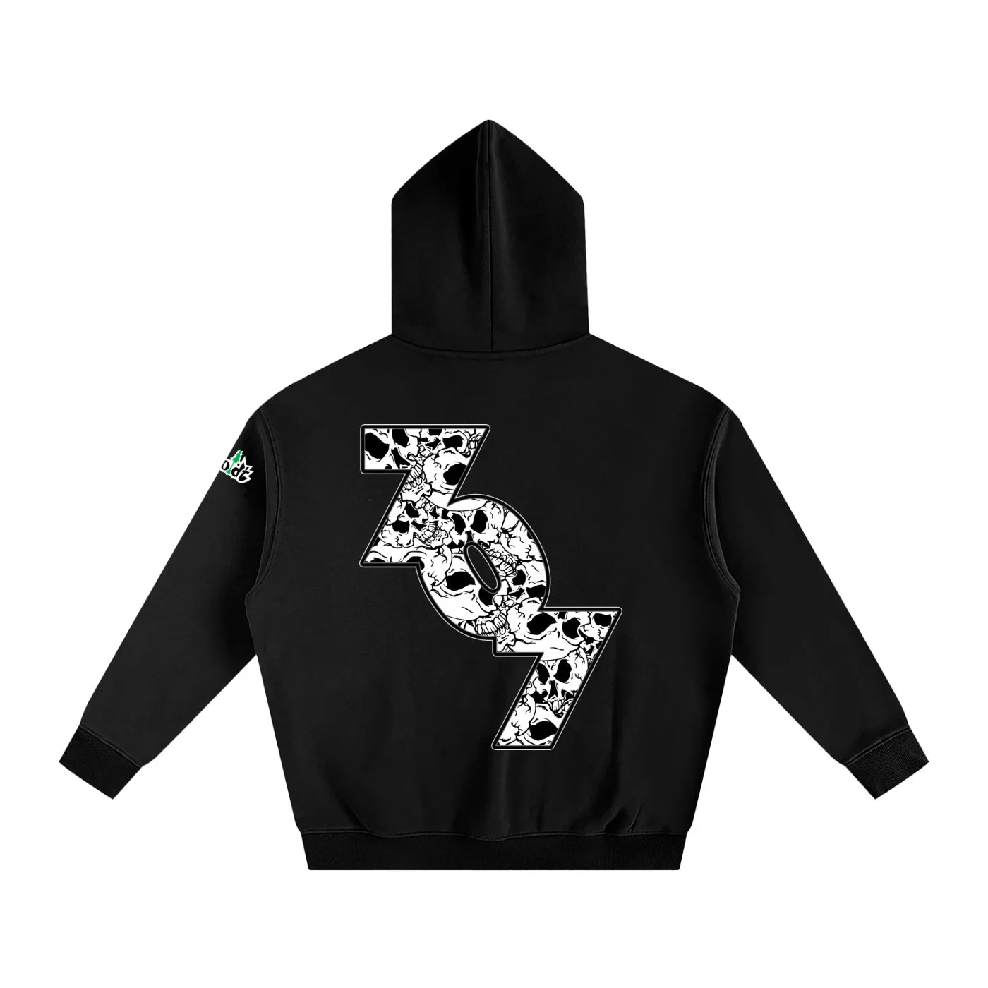 Black hoodie with text that says 707 (referring to the area code) and a logo called Humboldt Treelogo On the sleeve