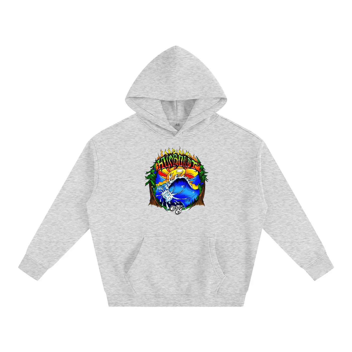 Gray hoodie with vibrant Humboldt-themed graphic, blending nature and urban streetwear style