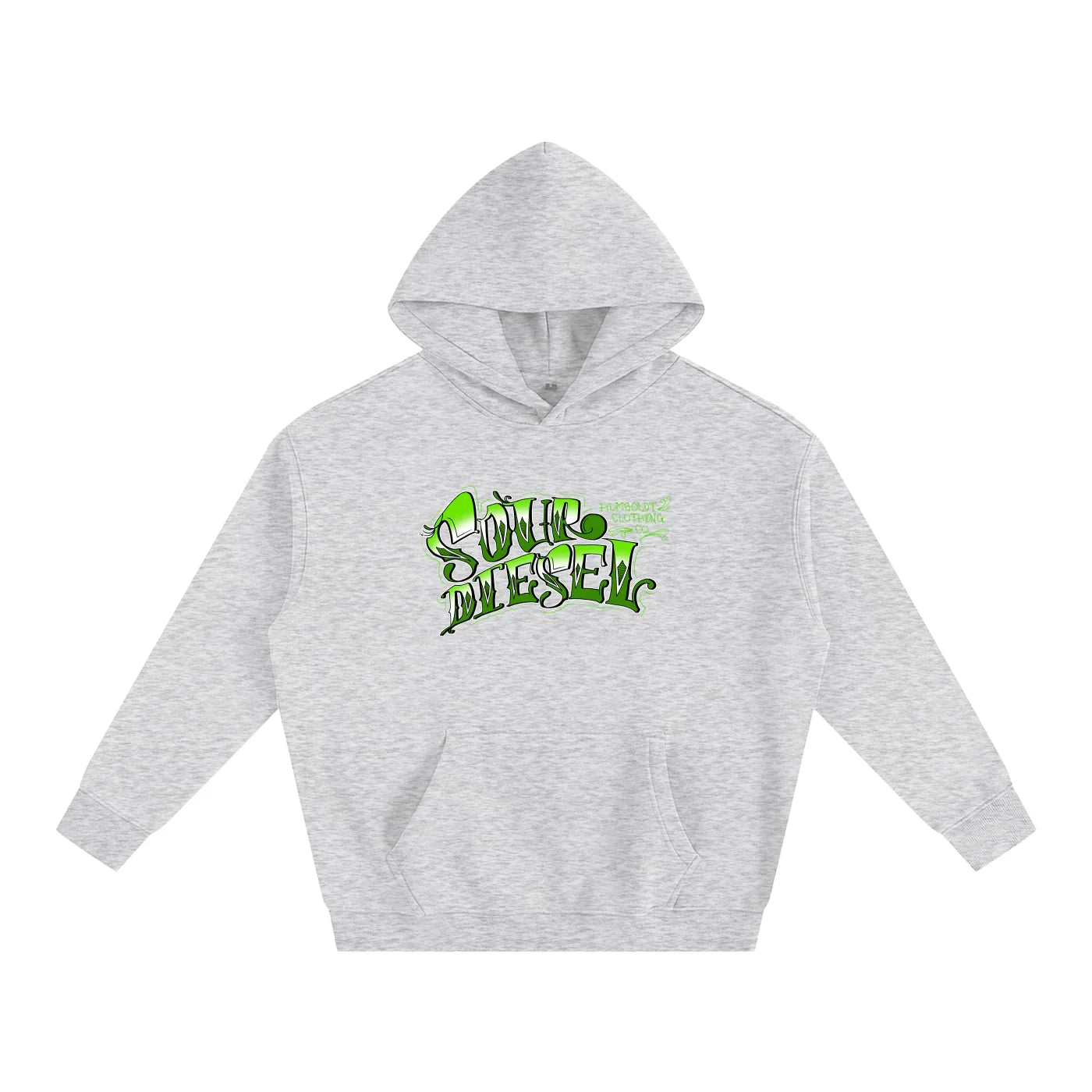 Gray hoodie with green 'Sour Diesel' graphic, blending streetwear and outdoor style for Humboldt vibes.