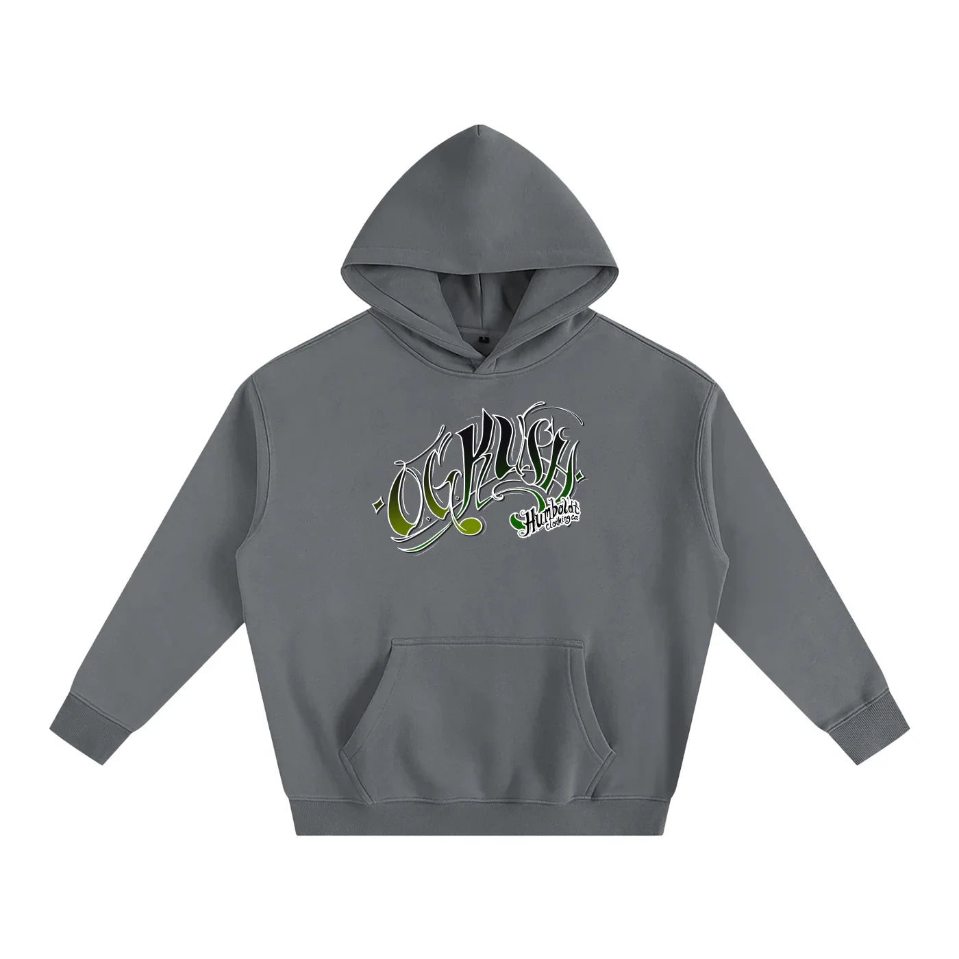 Gray hoodie with green 'OG Kush' graphic, Humboldt Clothing Co. logo, front pocket, urban streetwear style
