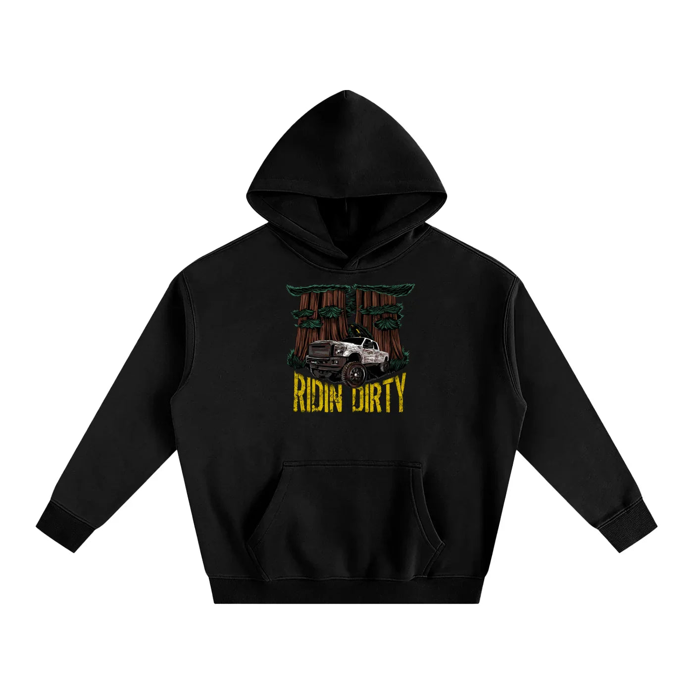 Black hoodie with graphic design of large redwood trees with a white truck and text that says Ridin Dirty.