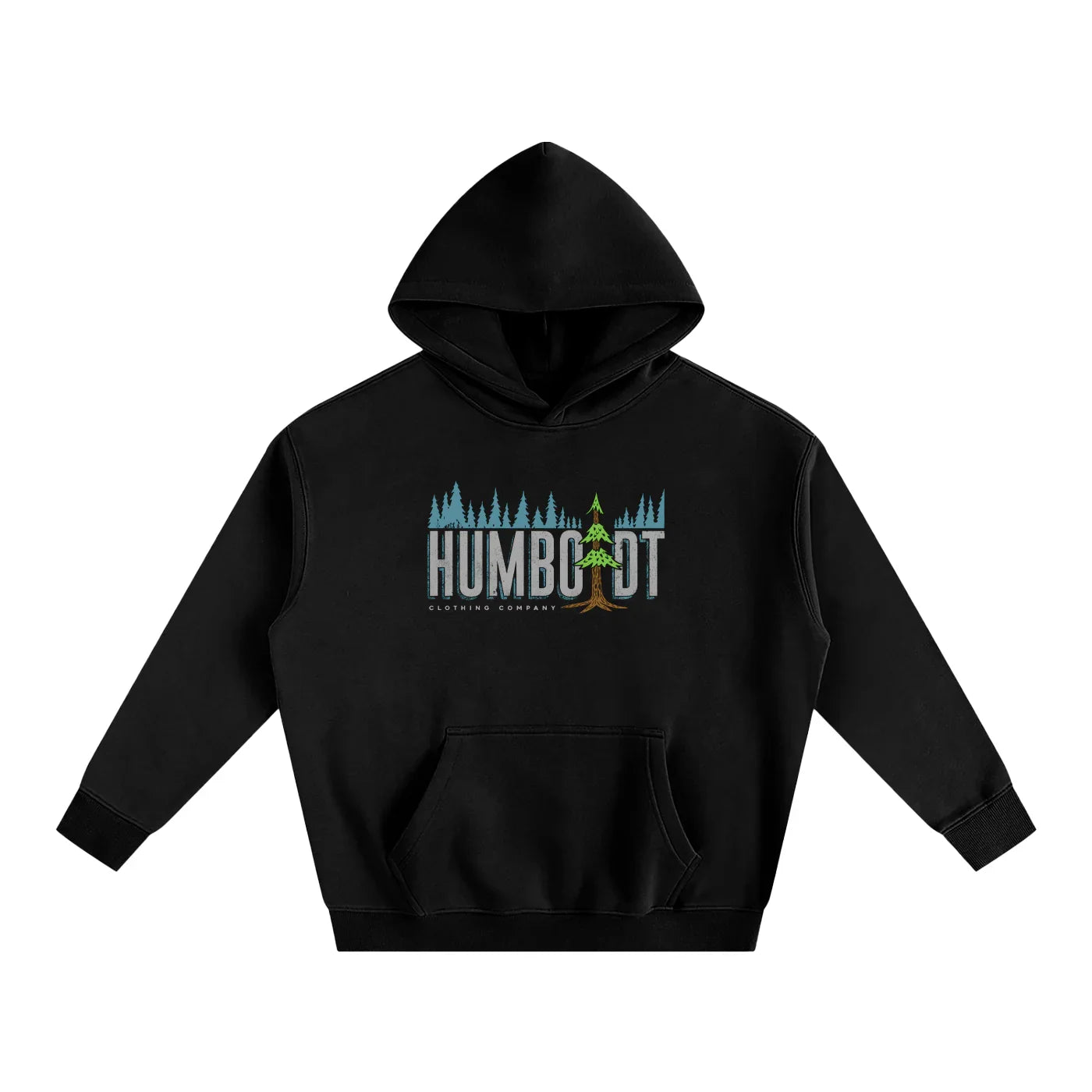 Black hoodie with Humboldt forest graphic, outdoor streetwear style