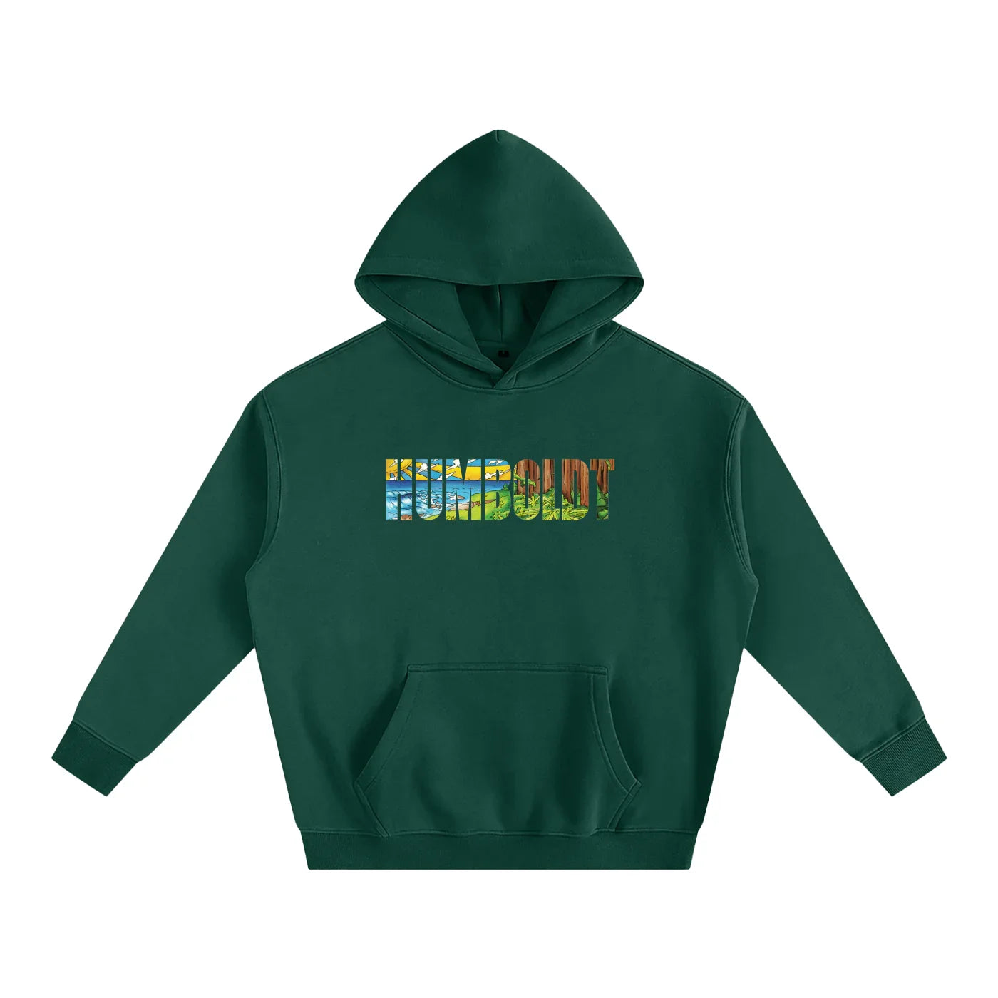 Forest green hoodie with colorful Humboldt landscape graphic, blending outdoor and streetwear style
