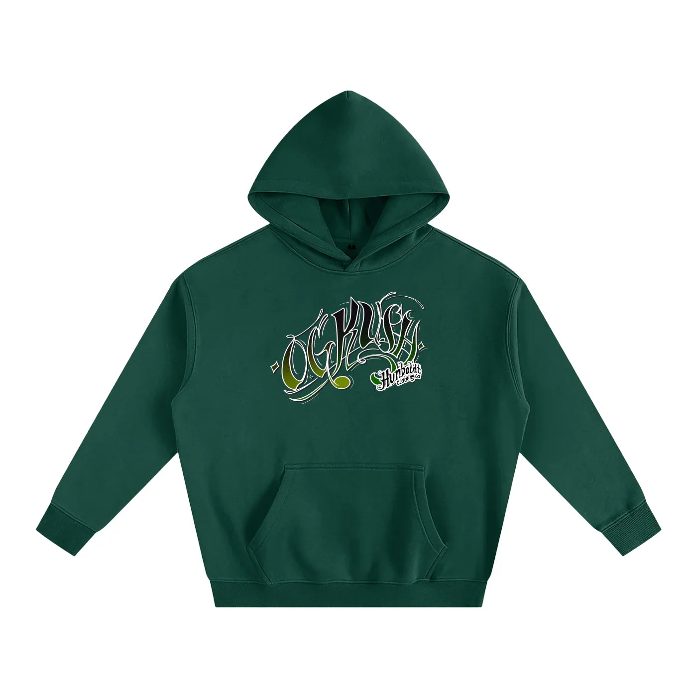 Forest green hoodie with 'OG Kush' graphic, Humboldt-inspired streetwear for outdoors and urban style
