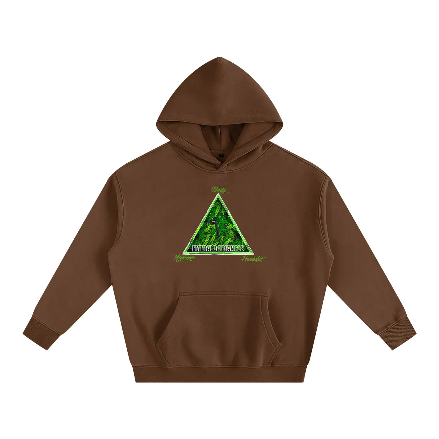 Brown hoodie with green 'Emerald Triangle' forest graphic, blending outdoors style and streetwear aesthetic.