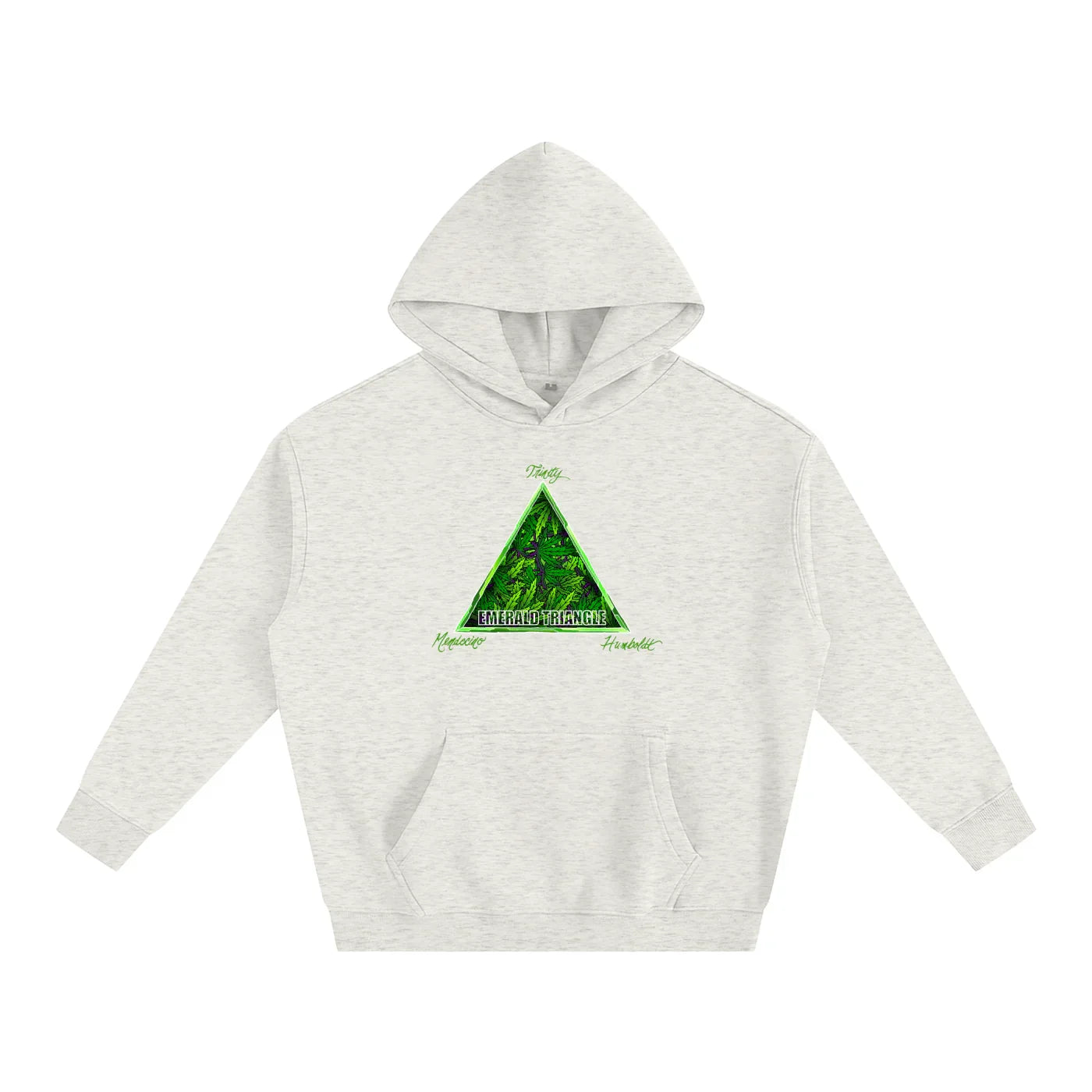Grey hoodie with green Emerald Triangle forest graphic, blending outdoor and streetwear style