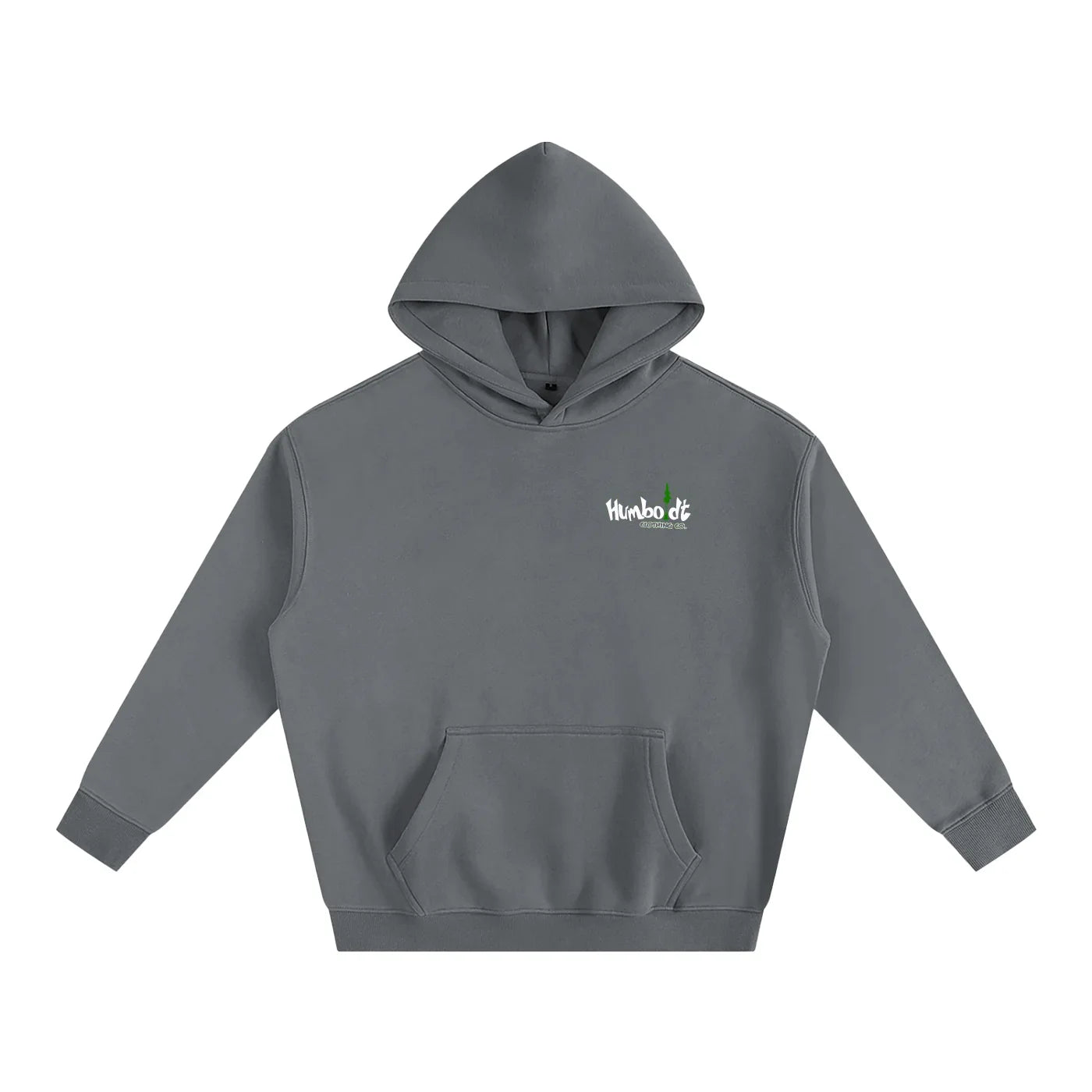 Gray hooded sweatshirt with small chest logo, featuring Humboldt County-inspired design for casual outdoor style.