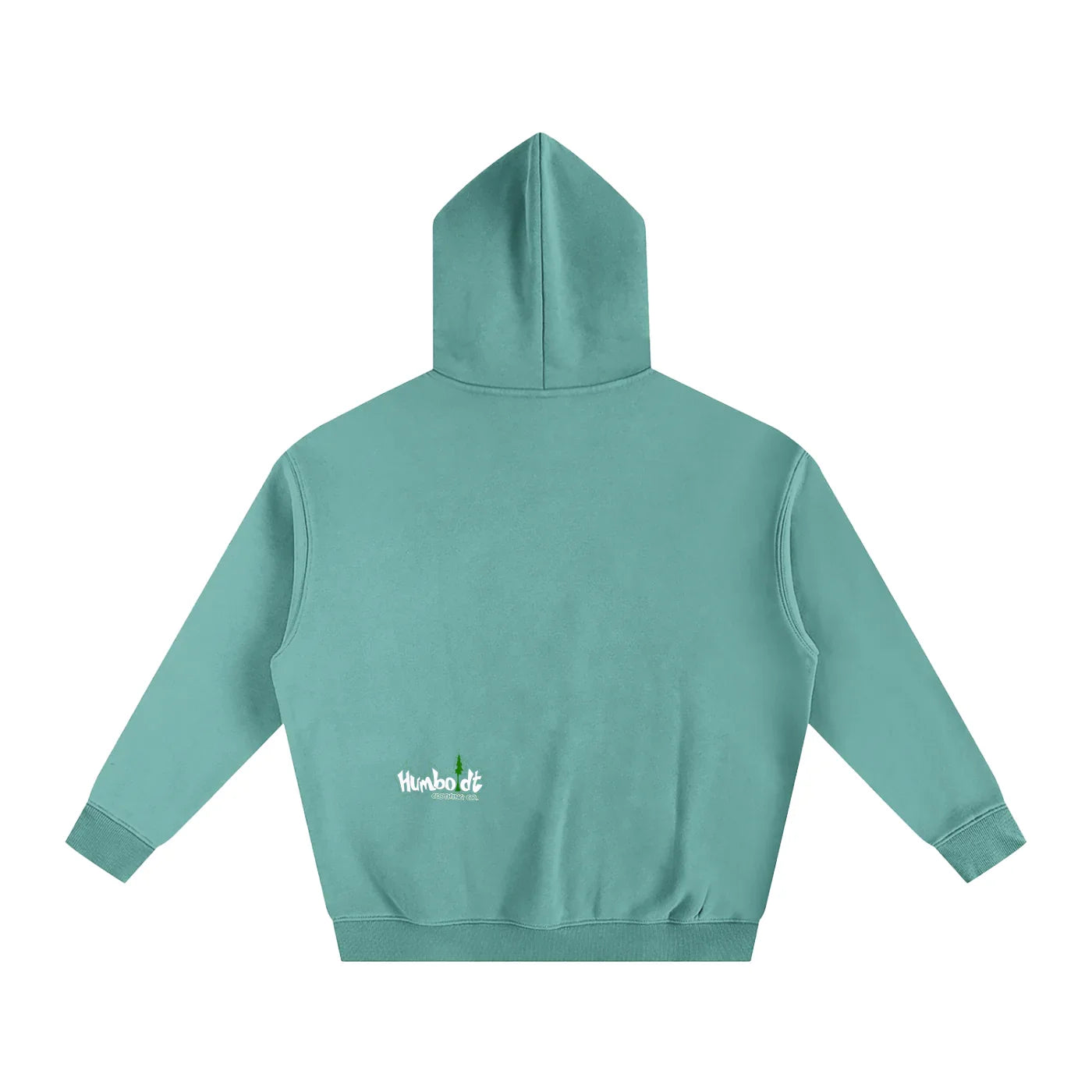 Teal hoodie with small Humboldt County logo, blending outdoor and streetwear style