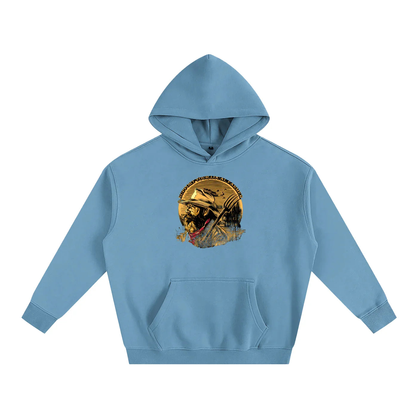 Light blue hoodie with vintage farmer graphic, 'Support Your Local Farmer' text, and rustic outdoor design