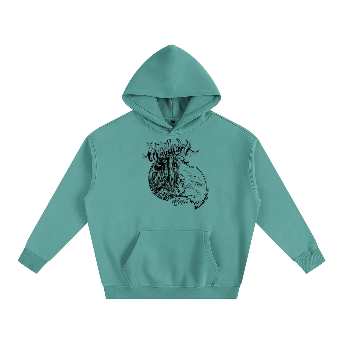 Teal hoodie with a graphic design showing the waves crashing aganst the redwoods and rocky coastline. Text says Humboldt Clothing Co in a script style cursive writing