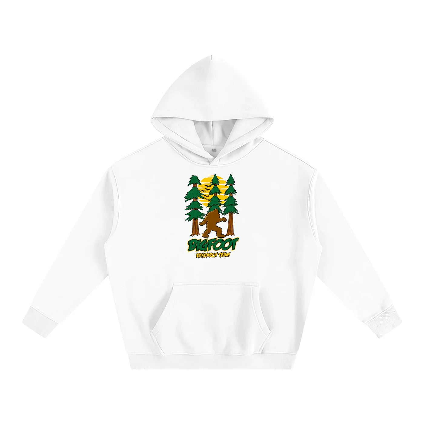 White hoodie with Bigfoot in forest graphic, perfect for outdoor and streetwear style