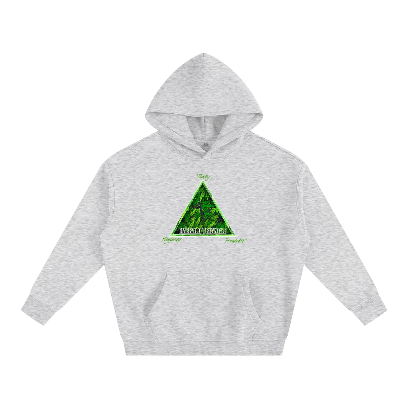 Gray hoodie with green Emerald Triangle forest graphic, blending Humboldt outdoor style and streetwear