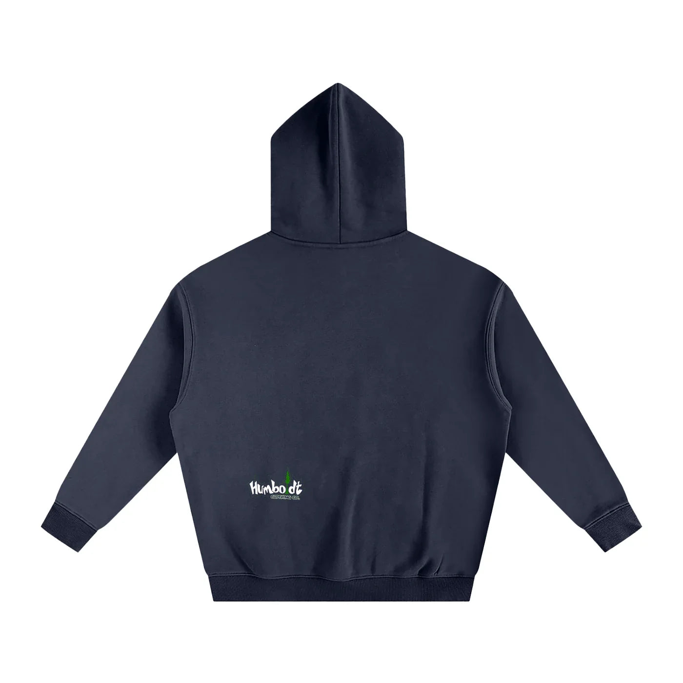 Dark navy hoodie with small Humboldt Clothing Co. logo on back, blending outdoor and streetwear style