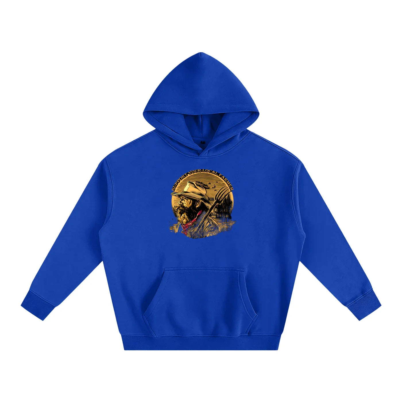 Blue hoodie with farmer graphic, supports local farmers, outdoor streetwear style