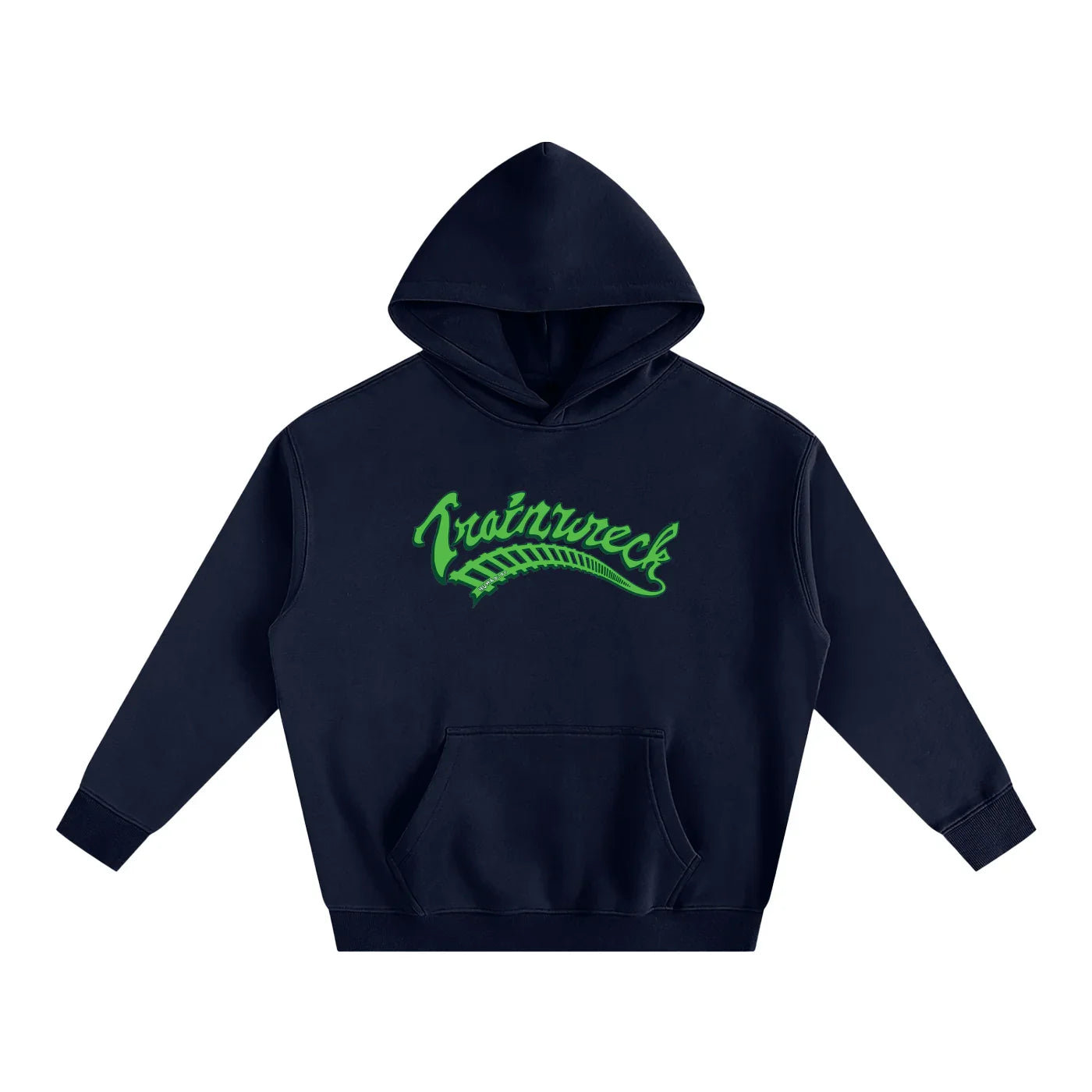 Navy hoodie with green 'Trainwreck' graphic, urban streetwear style