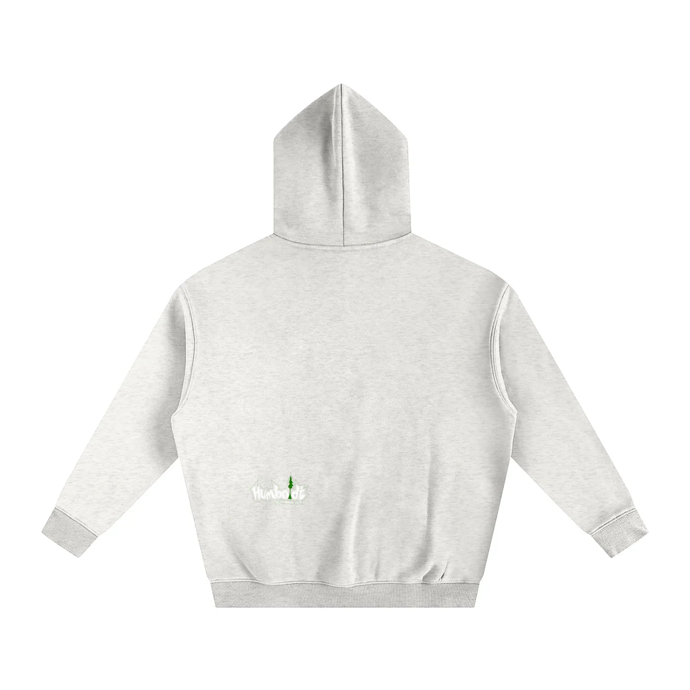 Light gray hoodie with small Humboldt logo and tree graphic on back, blending outdoor and streetwear style.