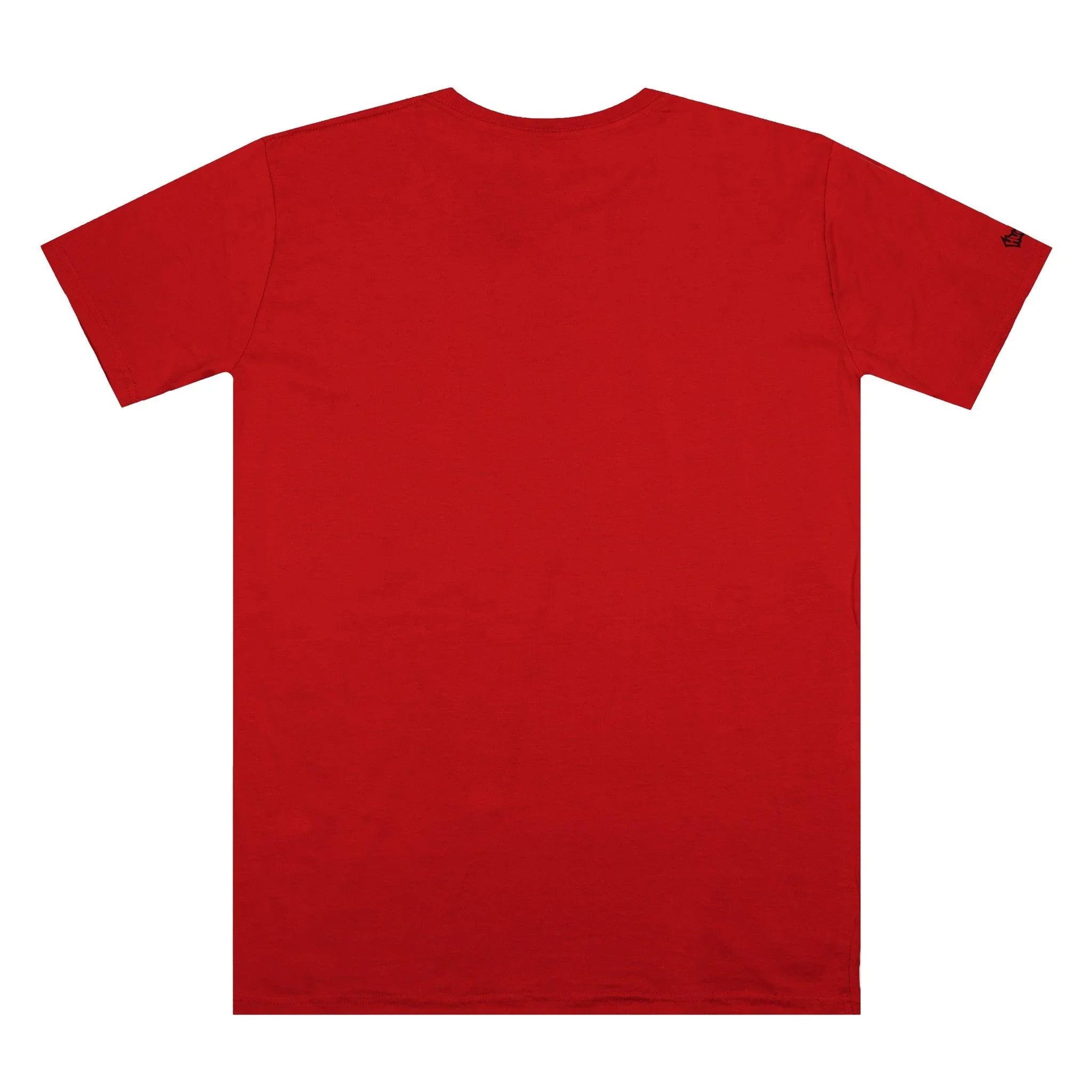 Red crew neck t-shirt with small sleeve logo, ideal for casual or streetwear style