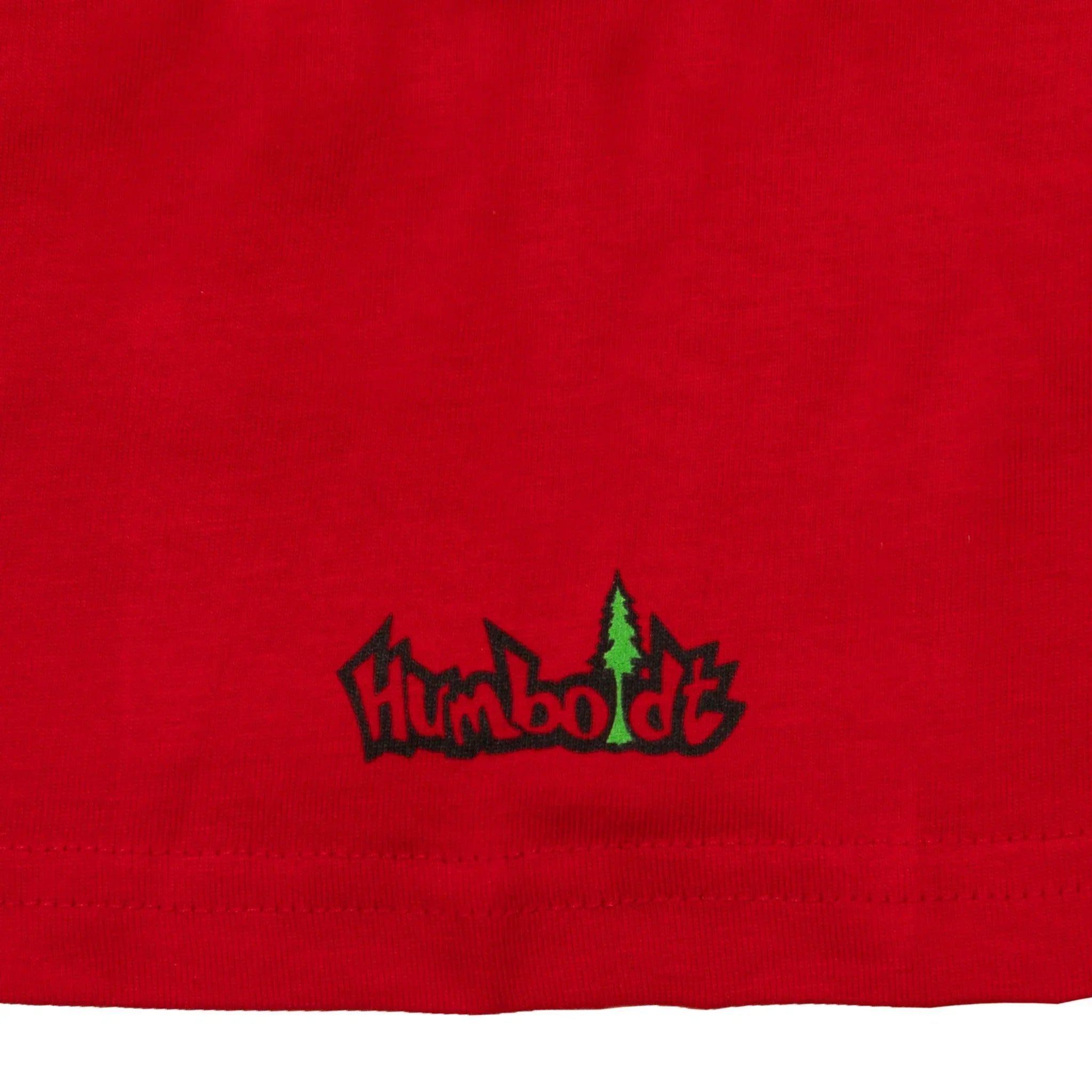 Red t-shirt with Humboldt logo and green tree, outdoor streetwear style