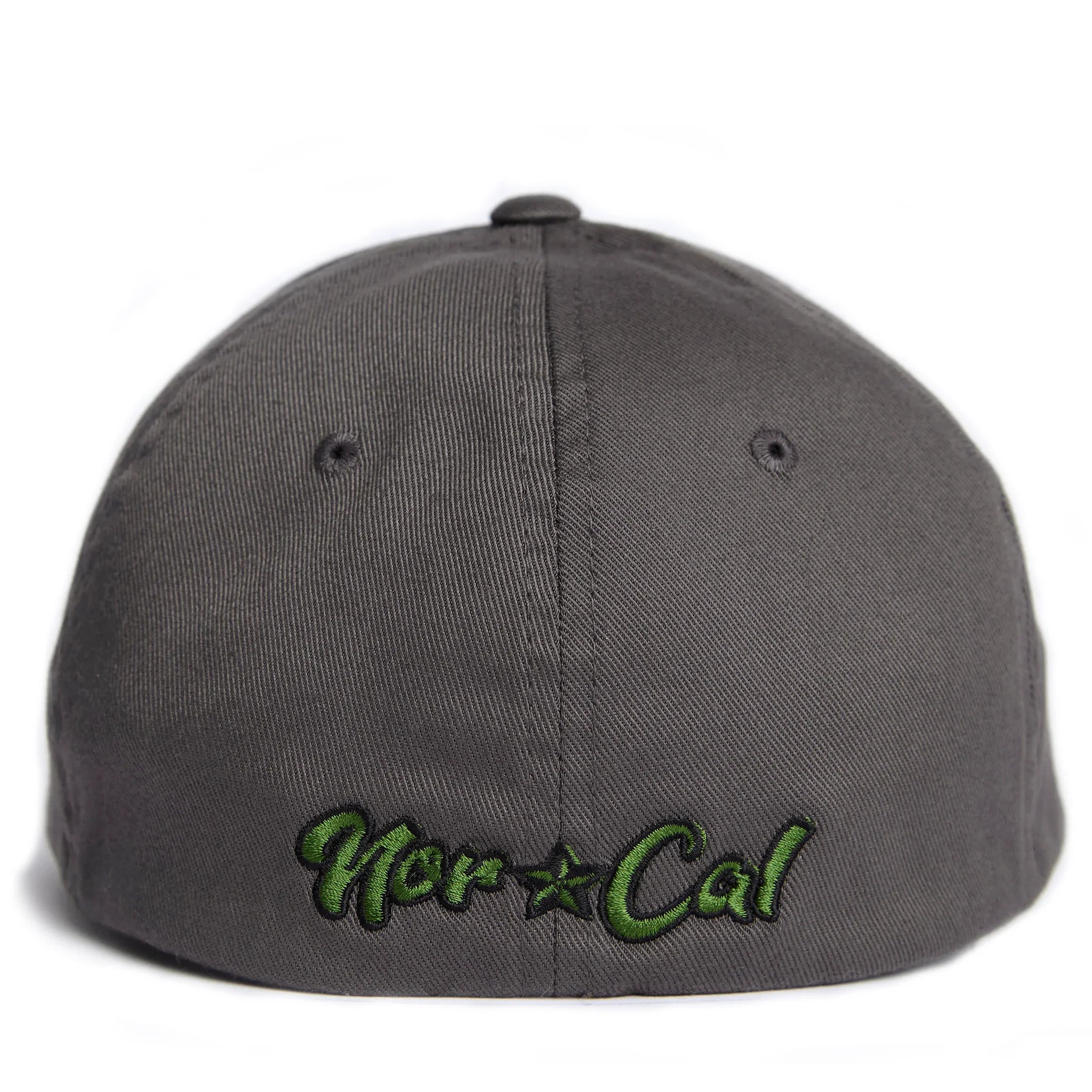 Gray fitted cap with green embroidered Nor-Cal script and star, ideal for Northern California outdoor style.