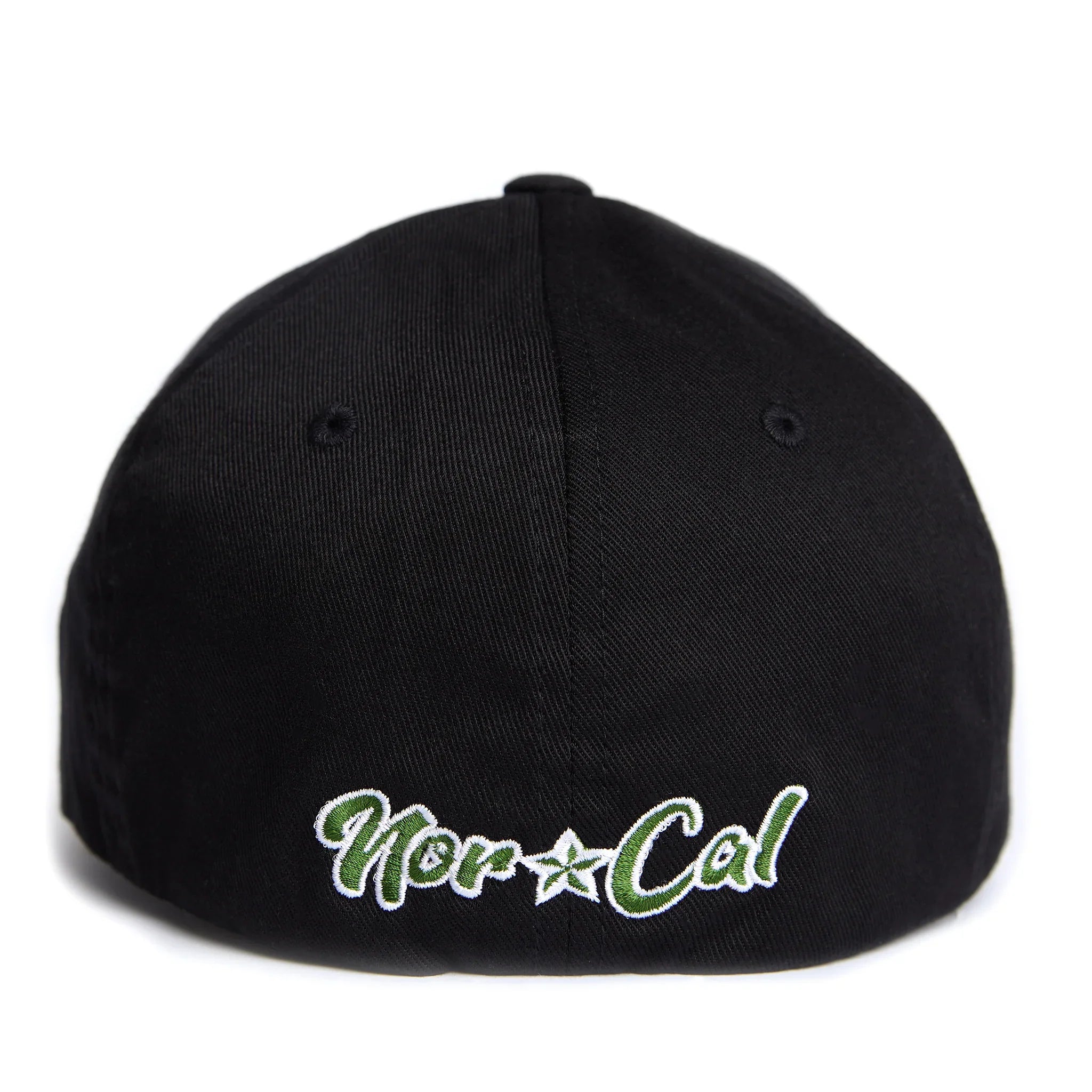 Black fitted cap with green and white embroidered Nor-Cal script and star, Northern California apparel