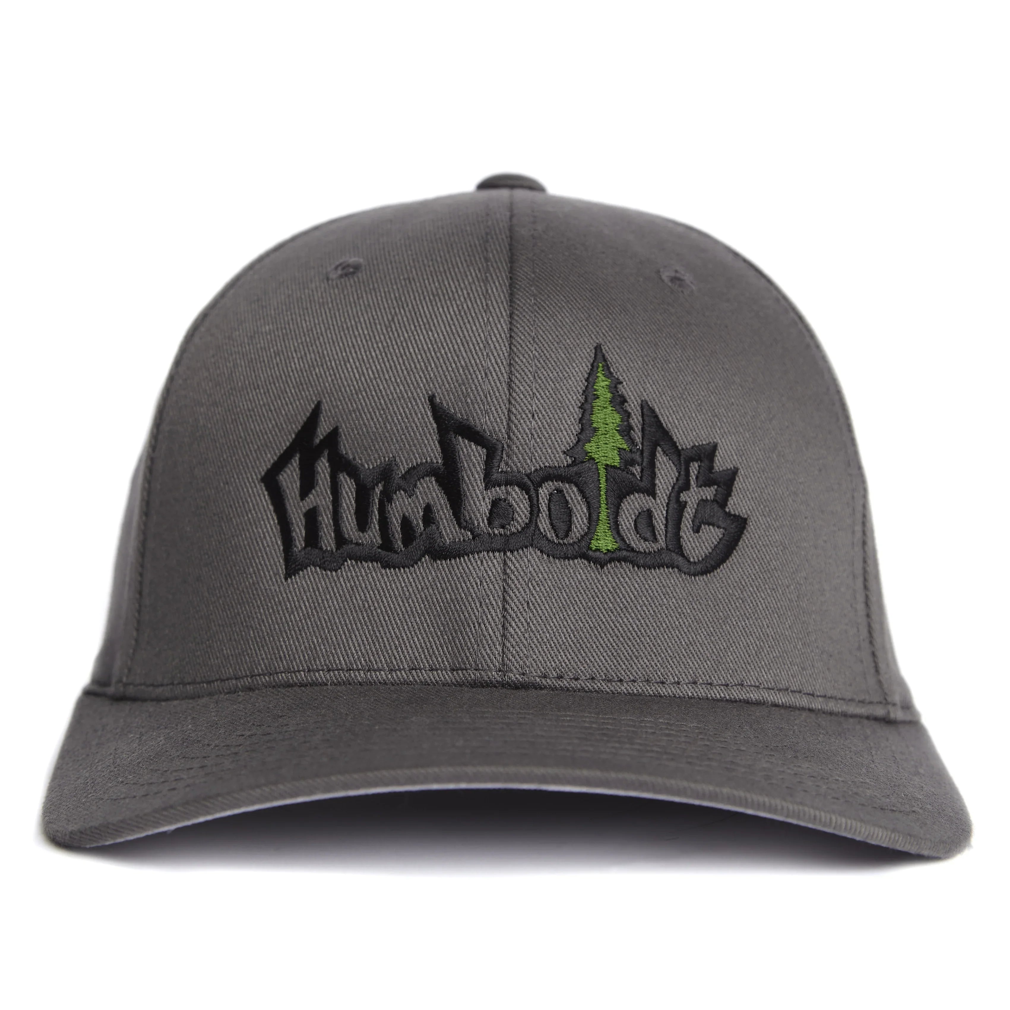 Gray Humboldt baseball cap with black and green tree logo, blending outdoor and streetwear style.