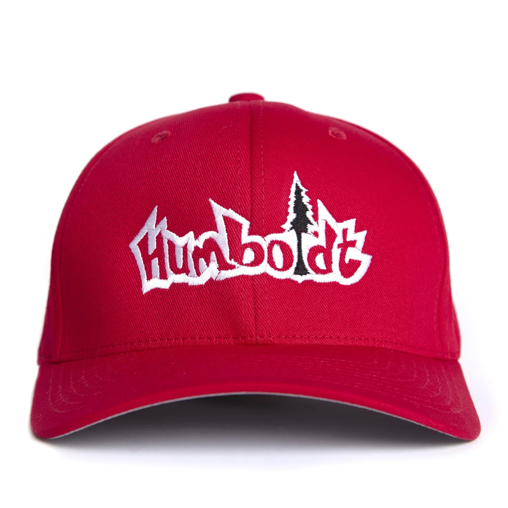 Red Humboldt hat with white embroidered logo and tree design, outdoor streetwear style