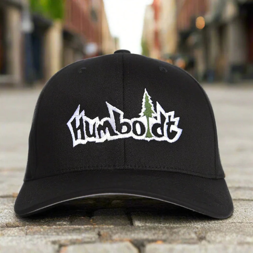 Black Humboldt embroidered cap with tree logo, urban streetwear style on cobblestone