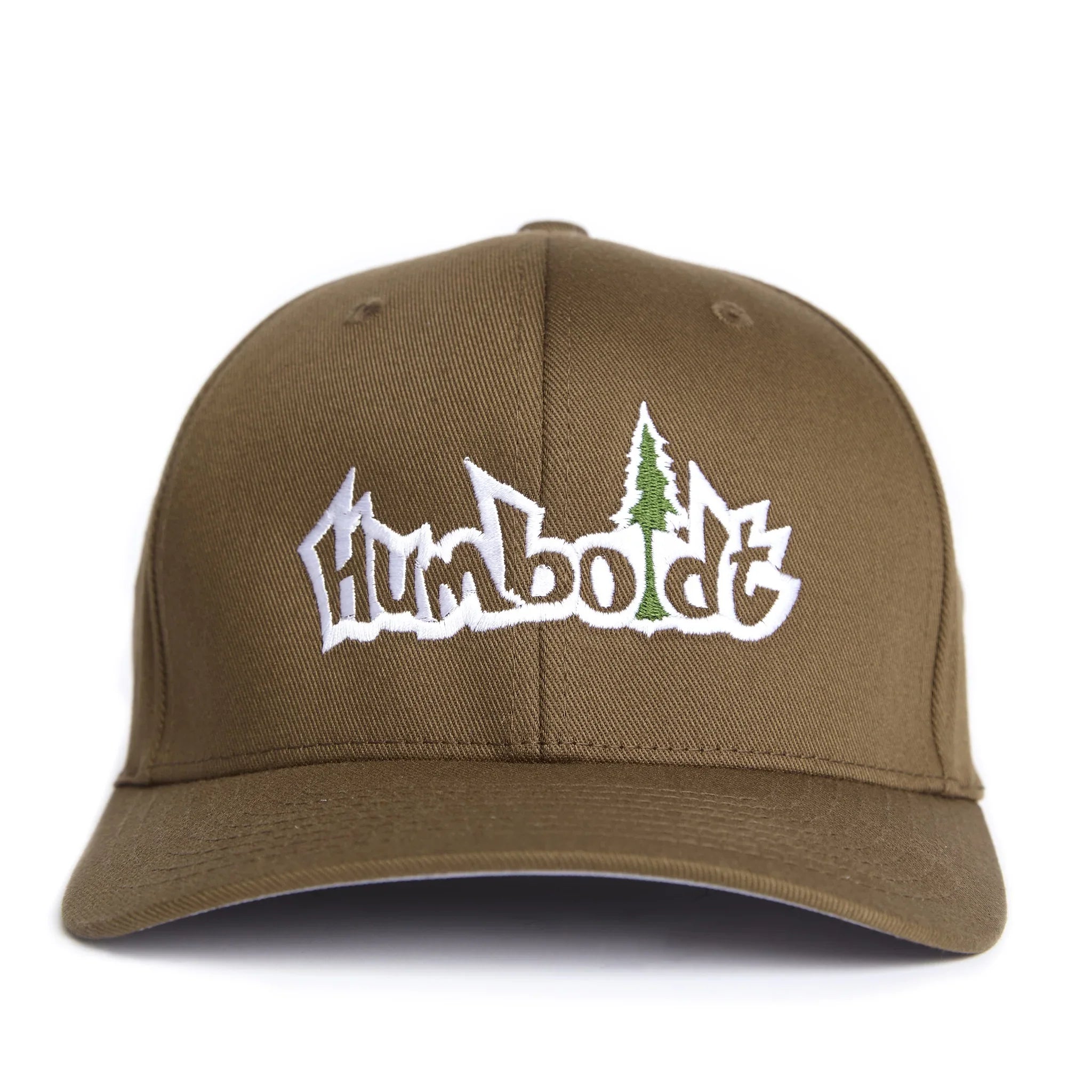 Olive green Humboldt hat with white embroidered logo and green tree, outdoor streetwear style