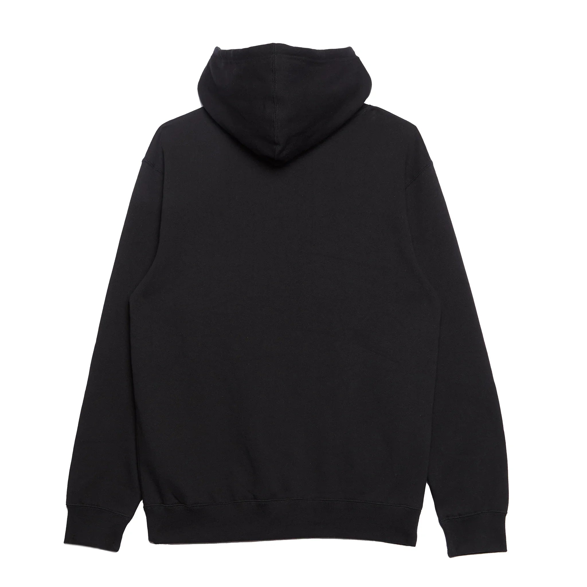 Black hooded sweatshirt back view, casual streetwear style with ribbed cuffs and hem