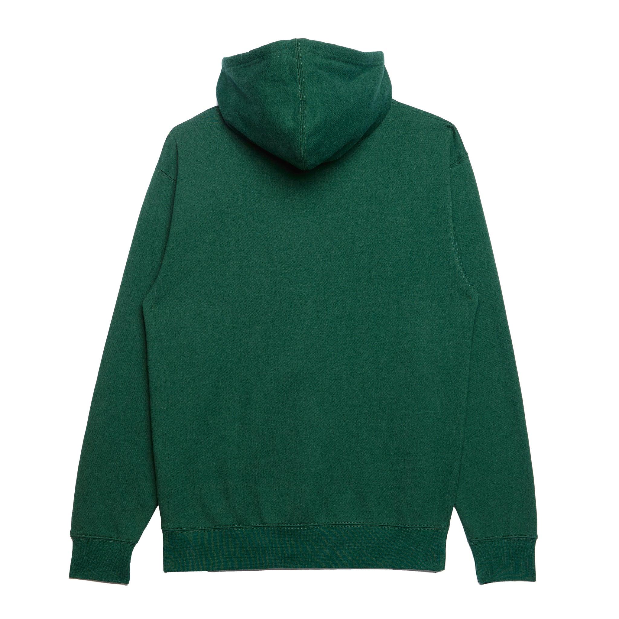 Forest green hooded sweatshirt with ribbed cuffs and hem, back view